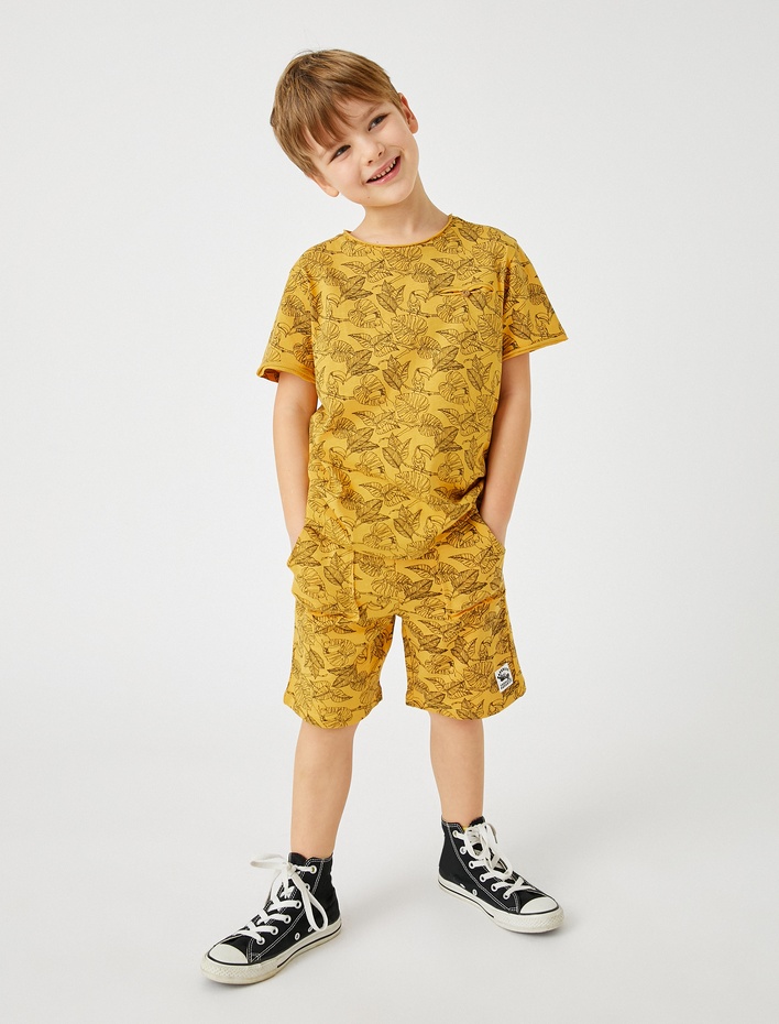 Erkek Çocuk Yaprak Baskılı Şort Pamuklu Beli Bağcıklı