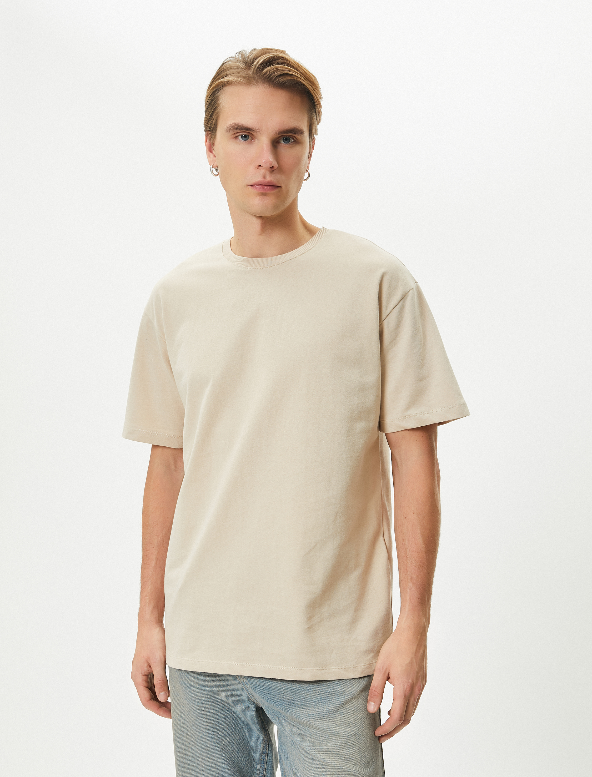   Basic Oversize Tişört Bisiklet Yaka Düşük Omuzlu Kısa Kollu Pamuklu