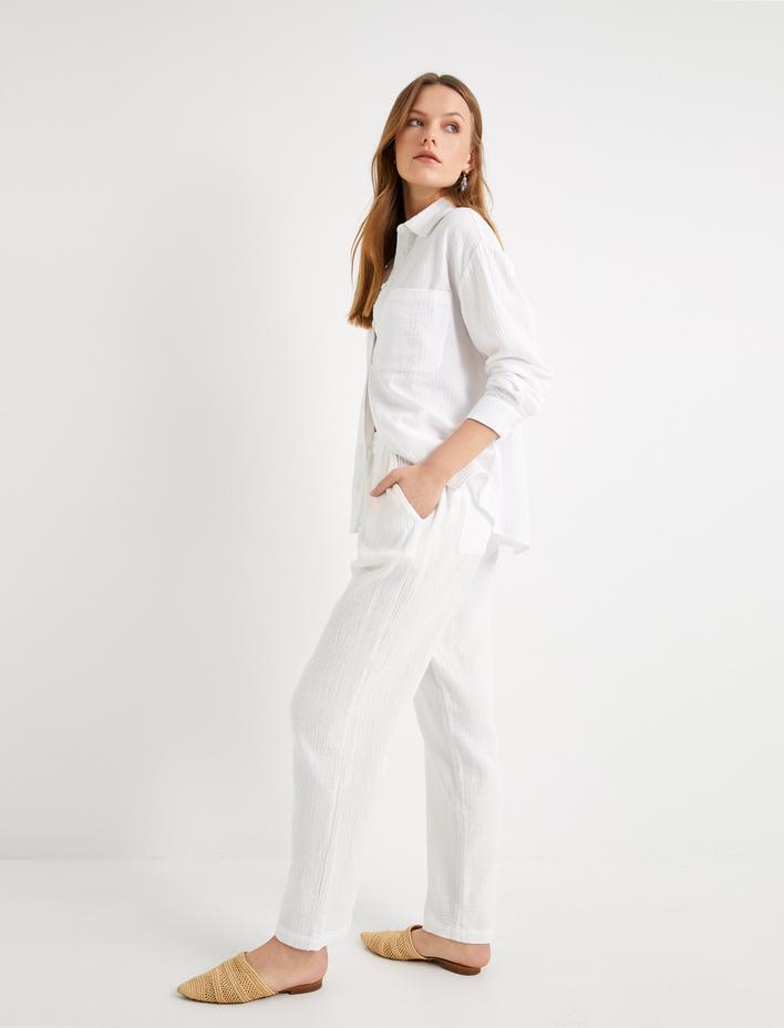  Müslin Pantolon Beli Bağlamalı Cepli Pamuklu Normal Bel