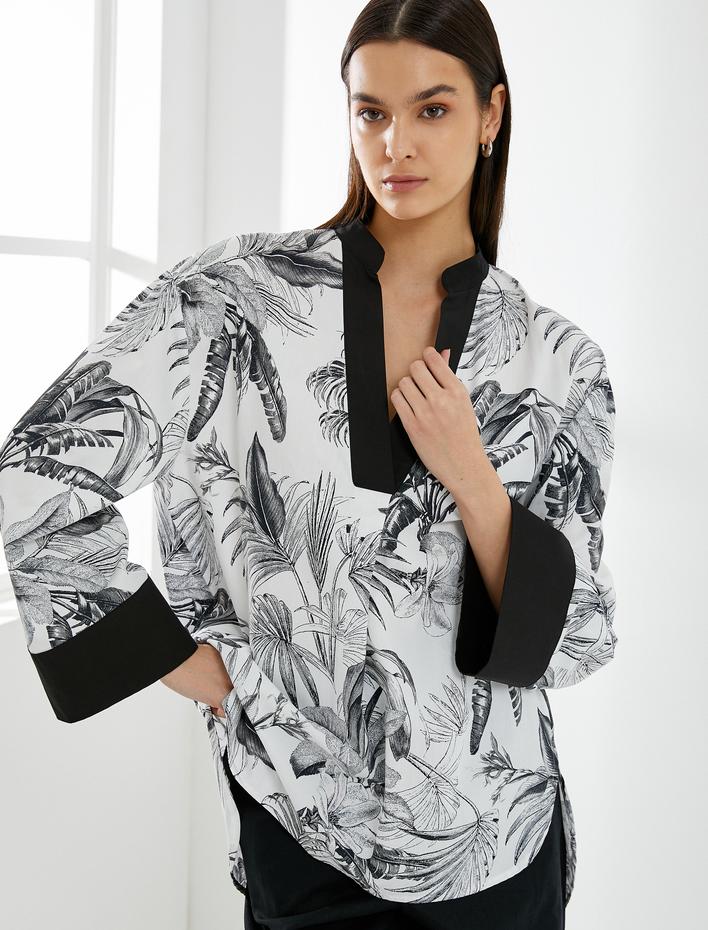  V Yaka Tunik Uzun Kollu Egzotik Desenli