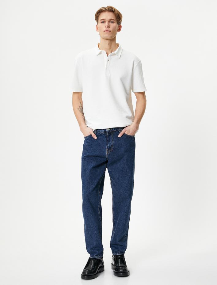  Polo Yaka Tişört Jakarlı Dokulu Düğmeli Kısa Kollu