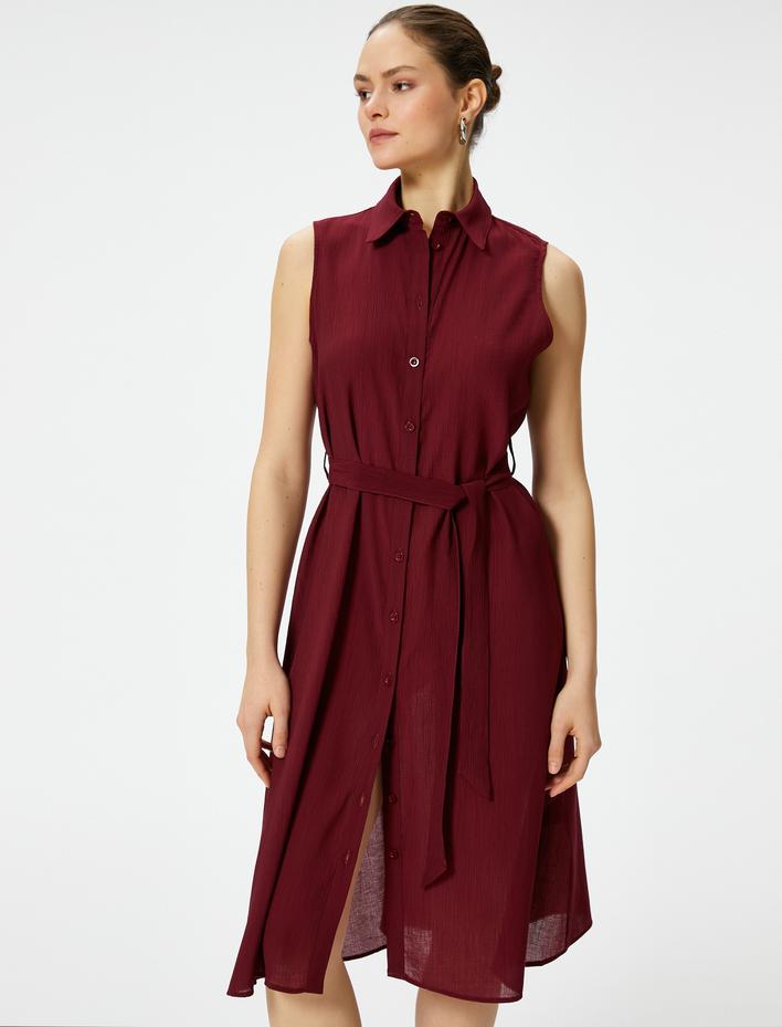  Midi Gömlek Elbise Astarsız İnce Kumaş Düğmeli Beli Kuşaklı Viskon