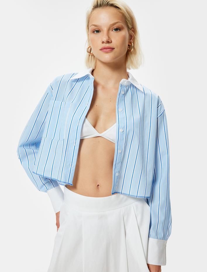  Crop Gömlek Uzun Kollu Renk Kontrastlı Cepli Pamuklu