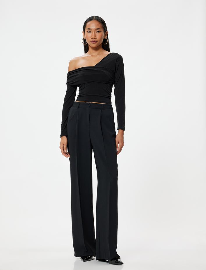  Abiye Bluz Omuz Detaylı Uzun Kollu Drapeli Kruvaze Yaka