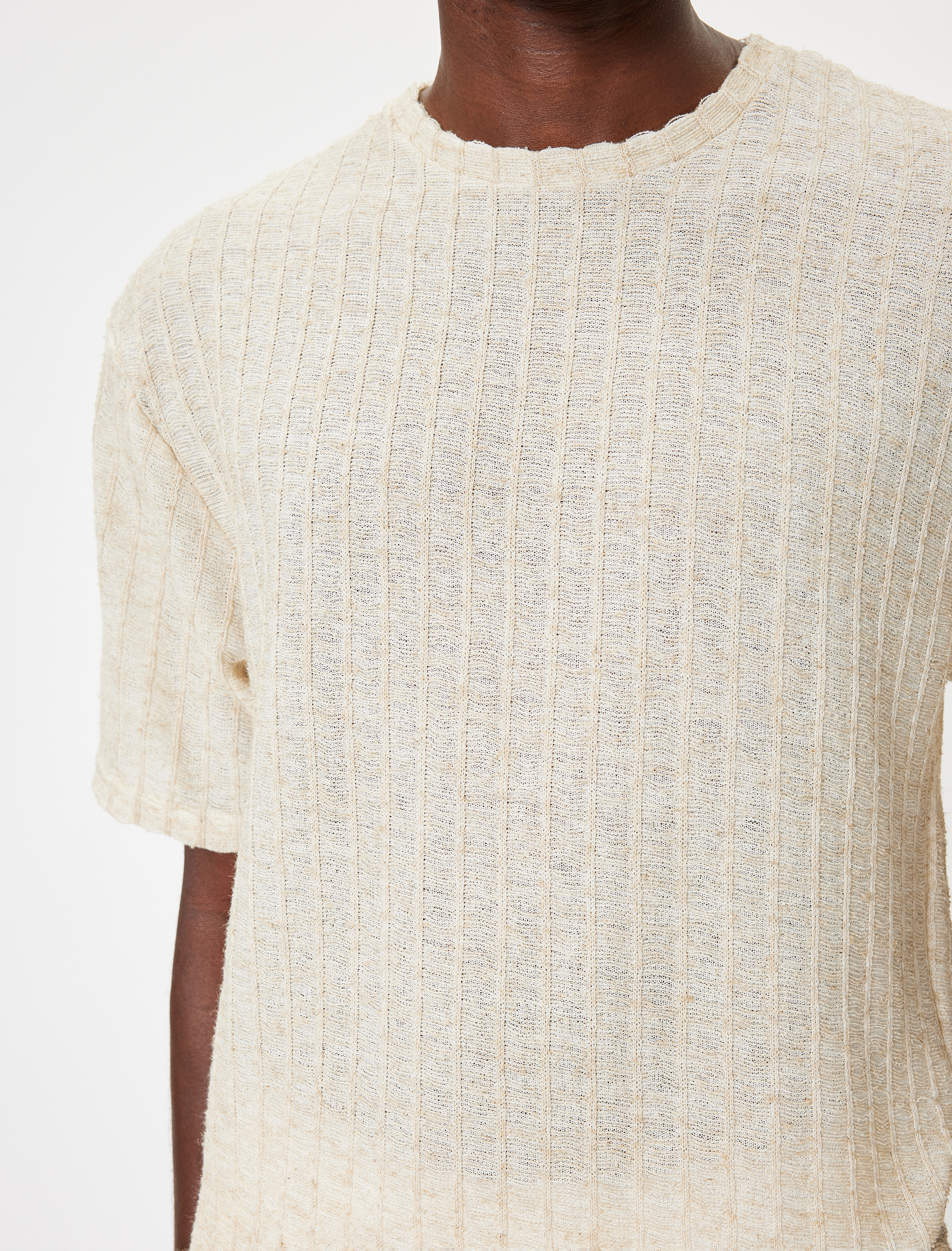   Oversize Tişört Kısa Kollu Bisiklet Yaka Dokulu Keten Karışımlı