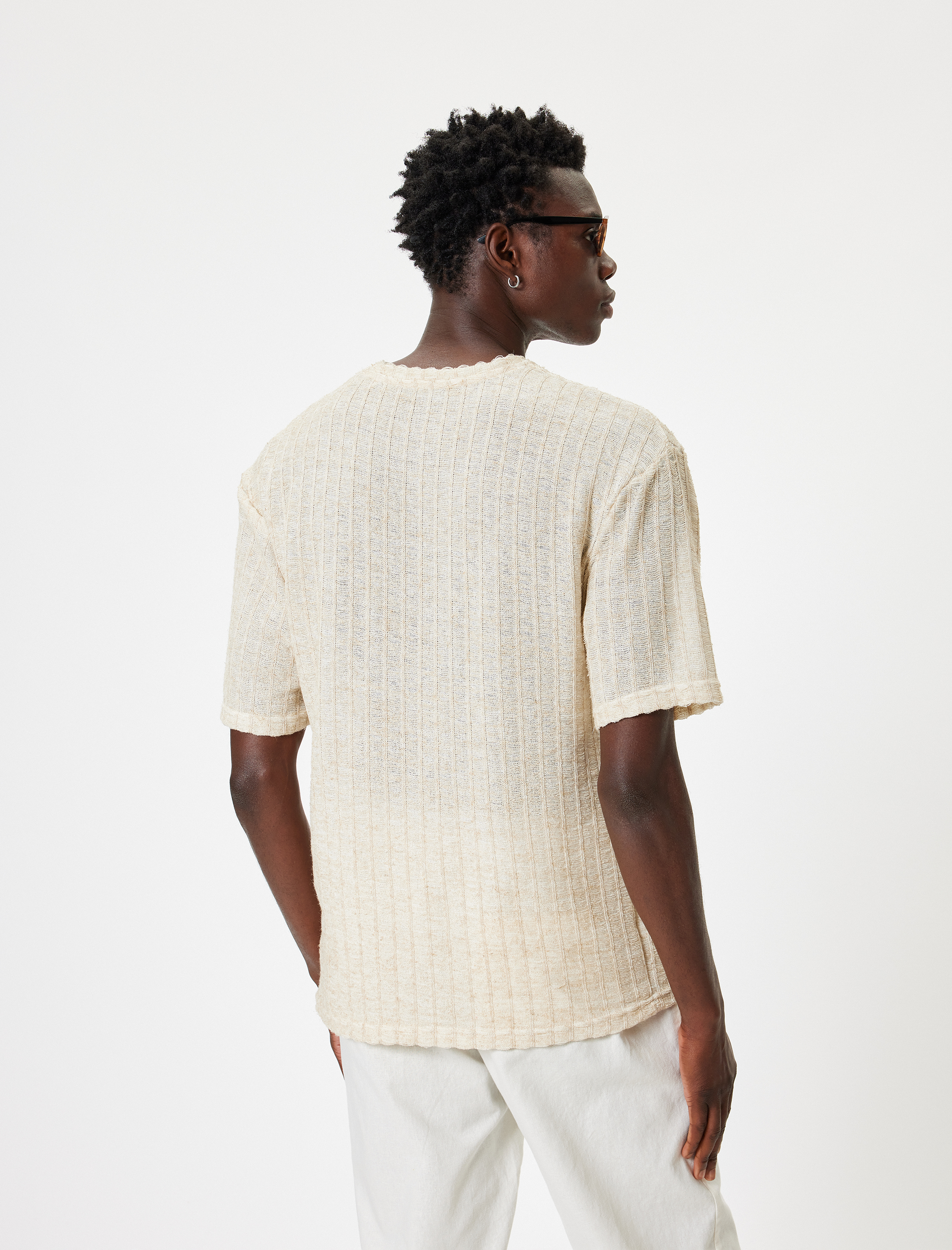   Oversize Tişört Kısa Kollu Bisiklet Yaka Dokulu Keten Karışımlı