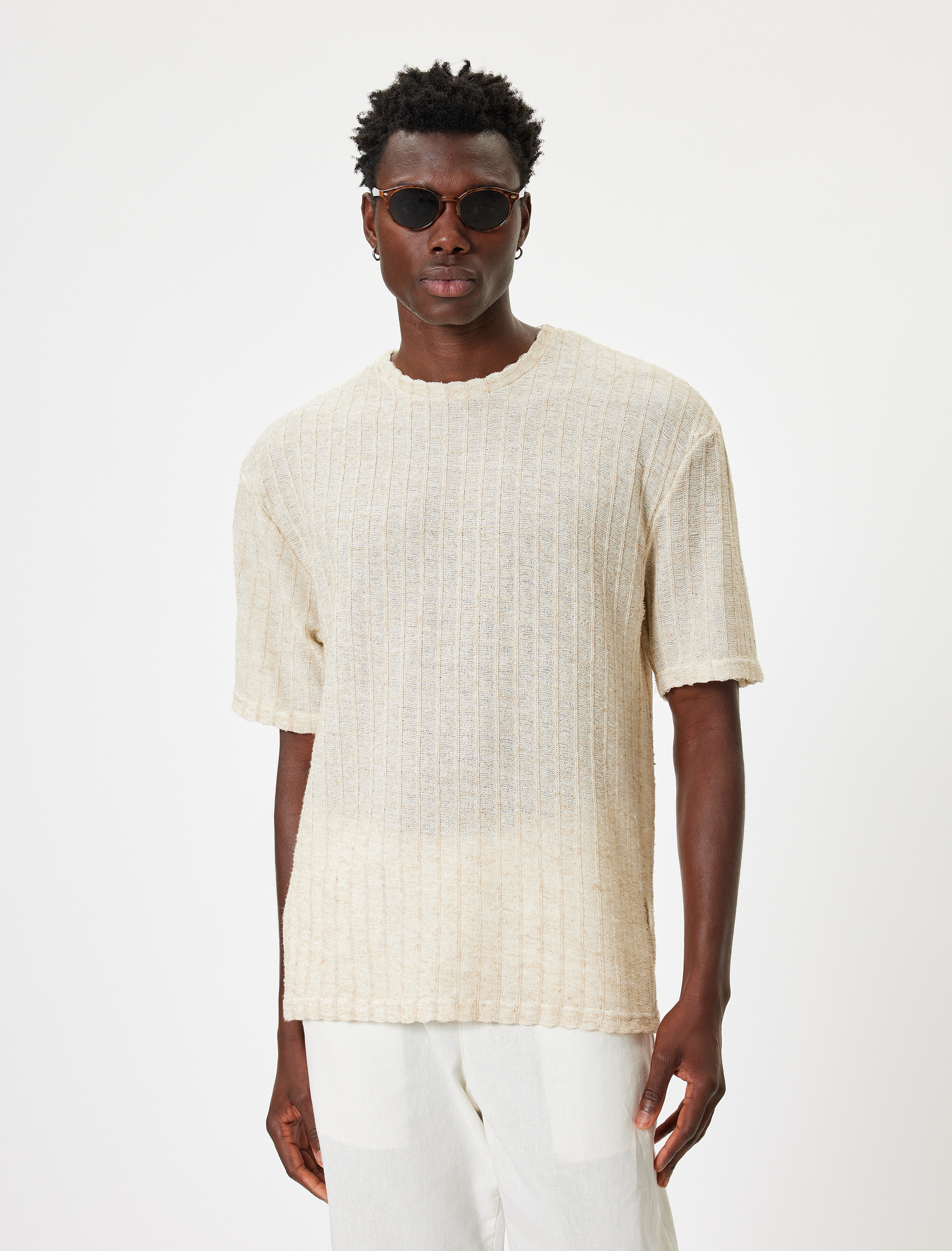   Oversize Tişört Kısa Kollu Bisiklet Yaka Dokulu Keten Karışımlı