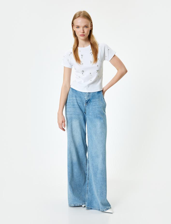  Taş Detaylı Tişört Kaşkorse Bisiklet Yaka Reglan Kollu Slim Fit