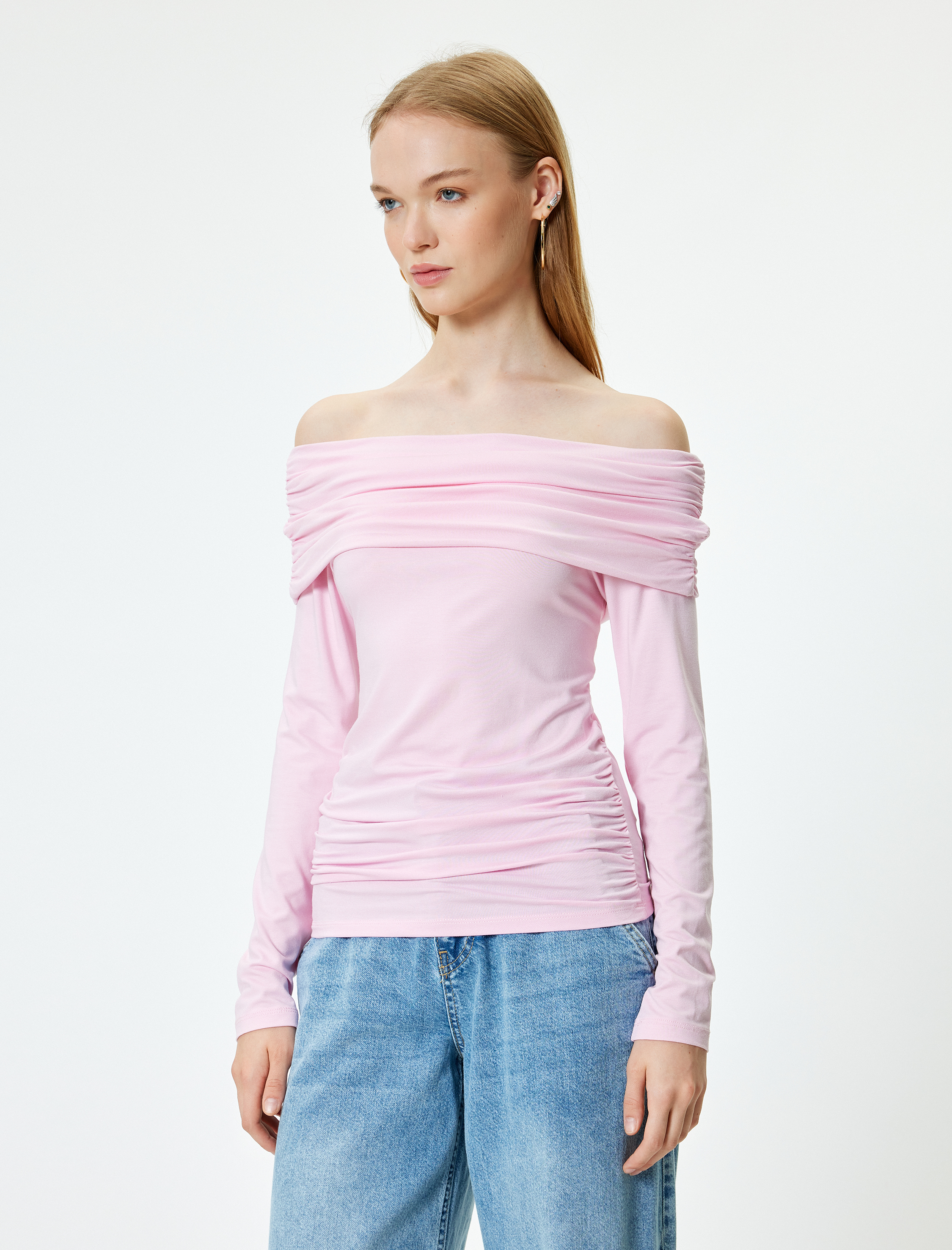   Uzun Kollu Omzu Açık Body Madonna Yaka Drapeli Slim Fit