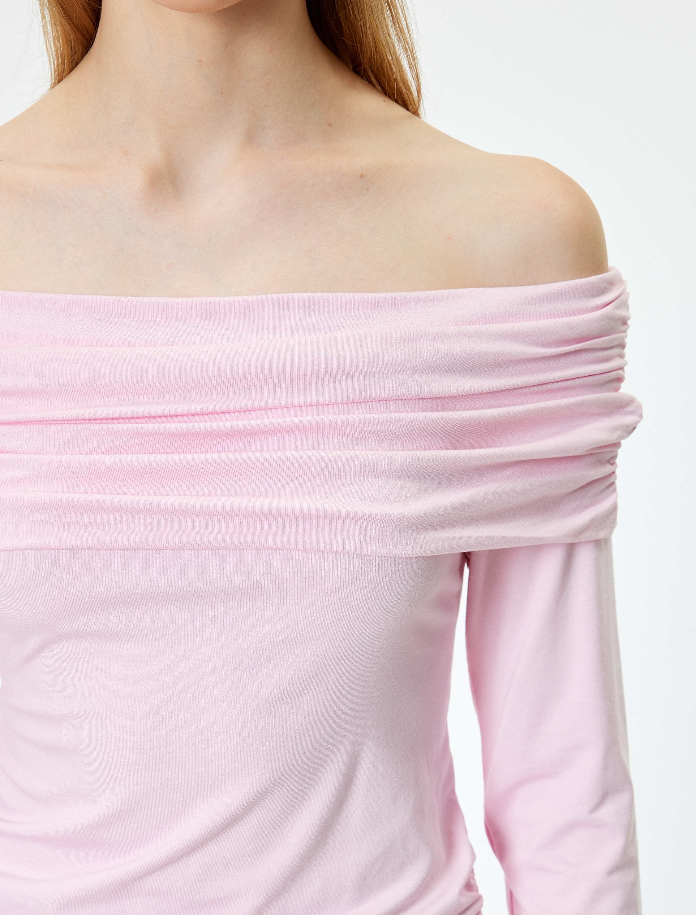   Uzun Kollu Omzu Açık Body Madonna Yaka Drapeli Slim Fit