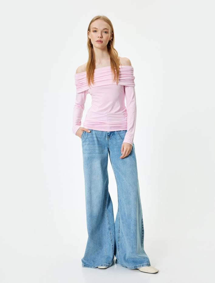  Uzun Kollu Omzu Açık Body Madonna Yaka Drapeli Slim Fit