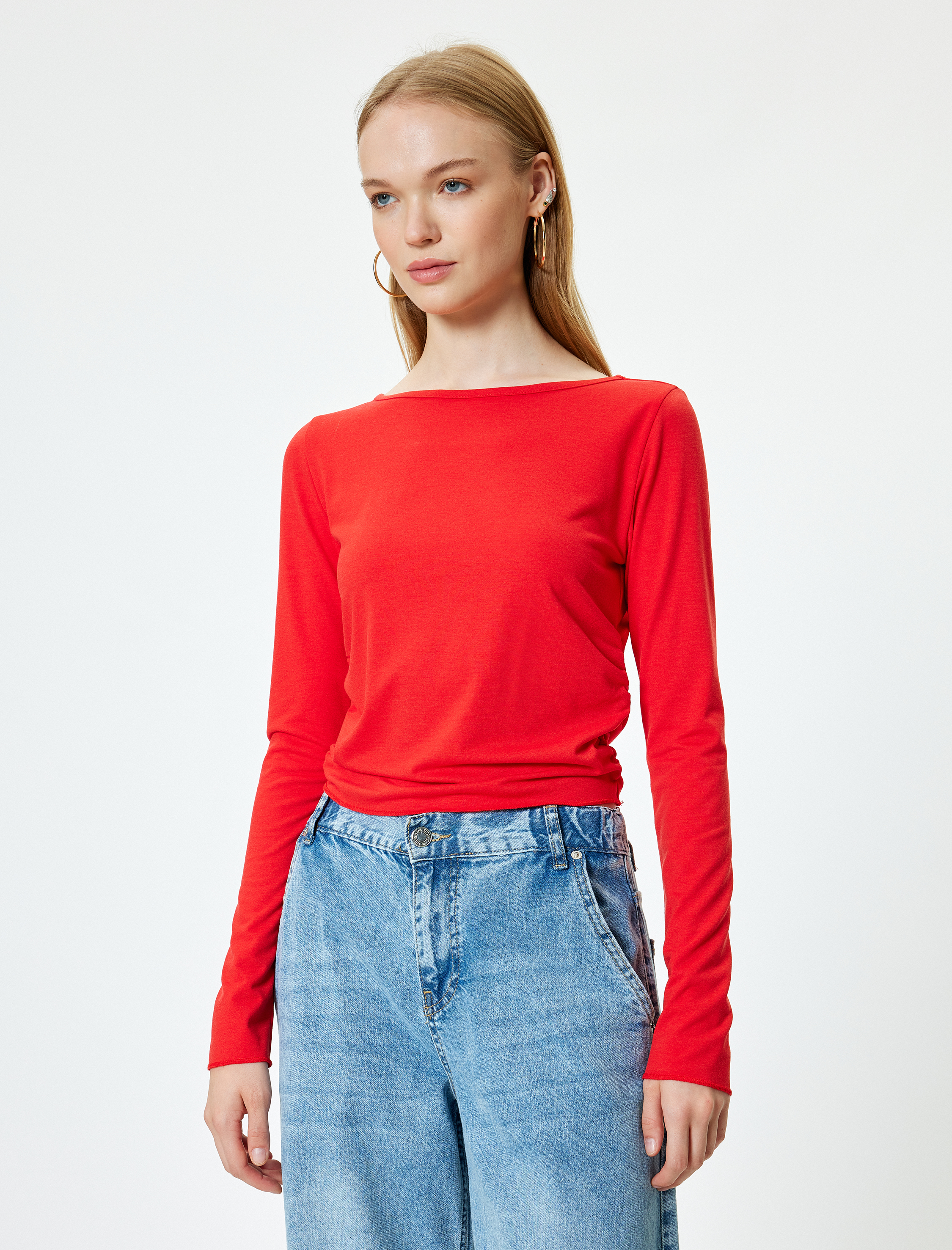   Uzun Kollu Bisiklet Yaka Drapeli Basic Tişört