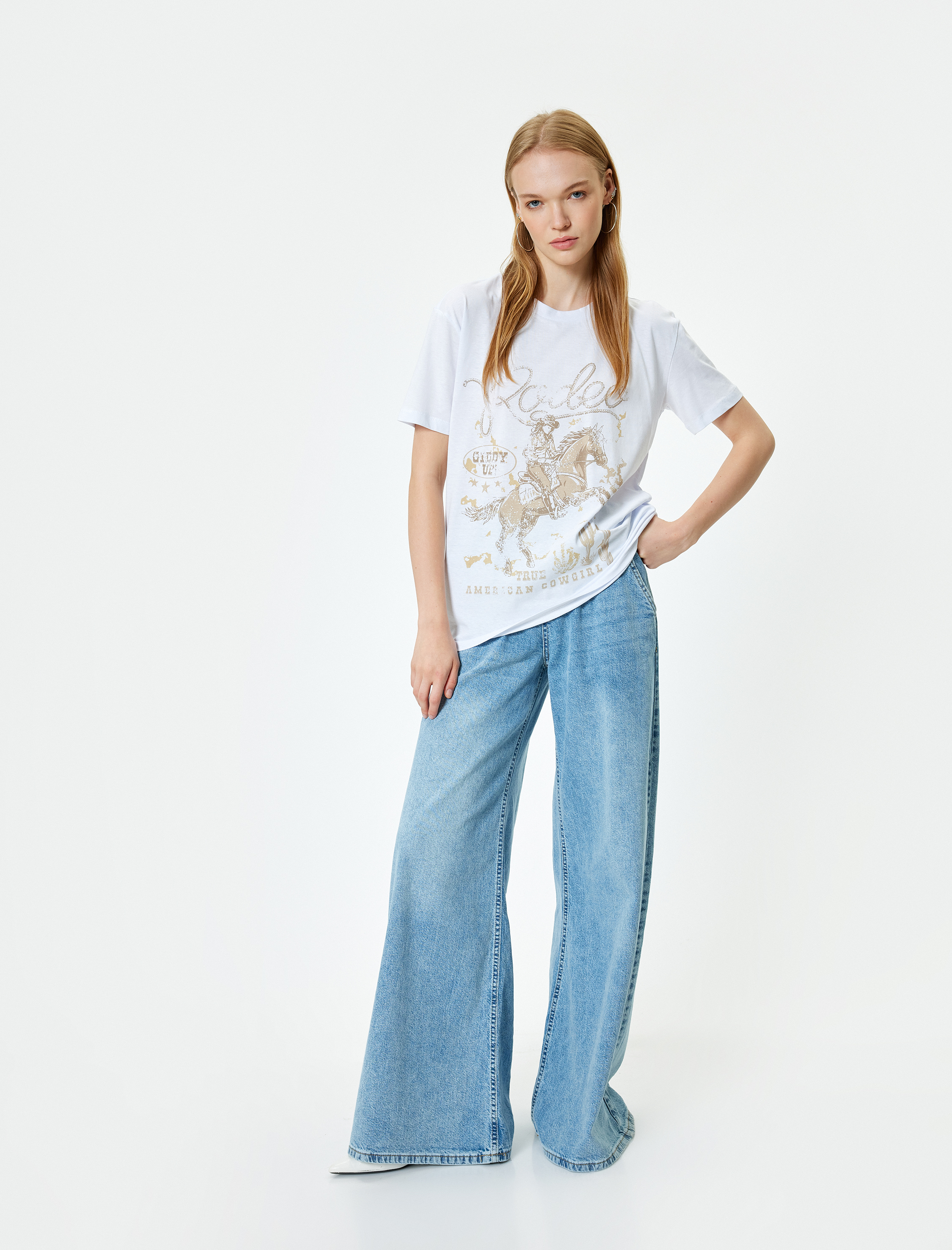   Oversize Tişört Baskılı Bisiklet Yaka Kısa Kollu Pamuklu