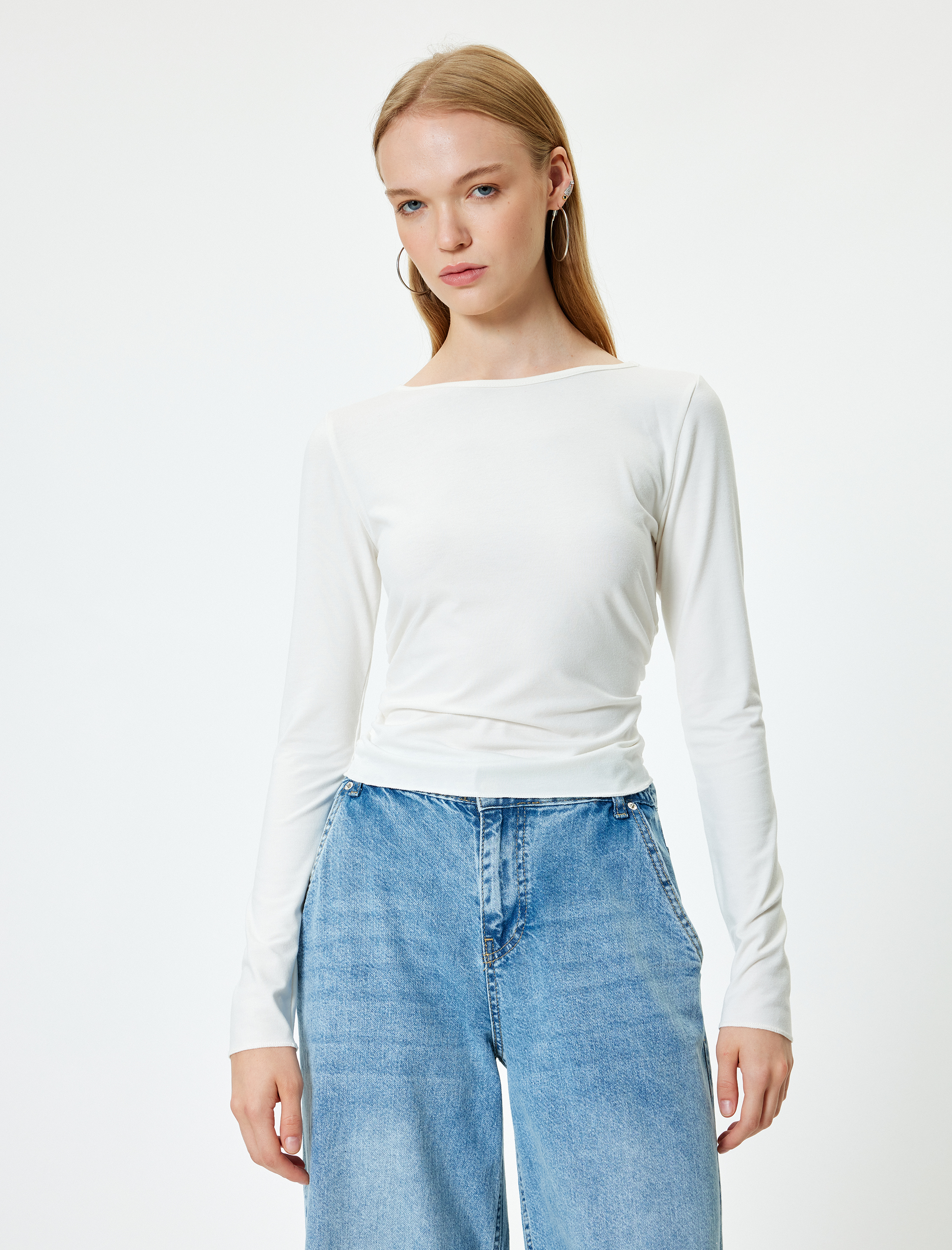   Uzun Kollu Bisiklet Yaka Drapeli Basic Tişört