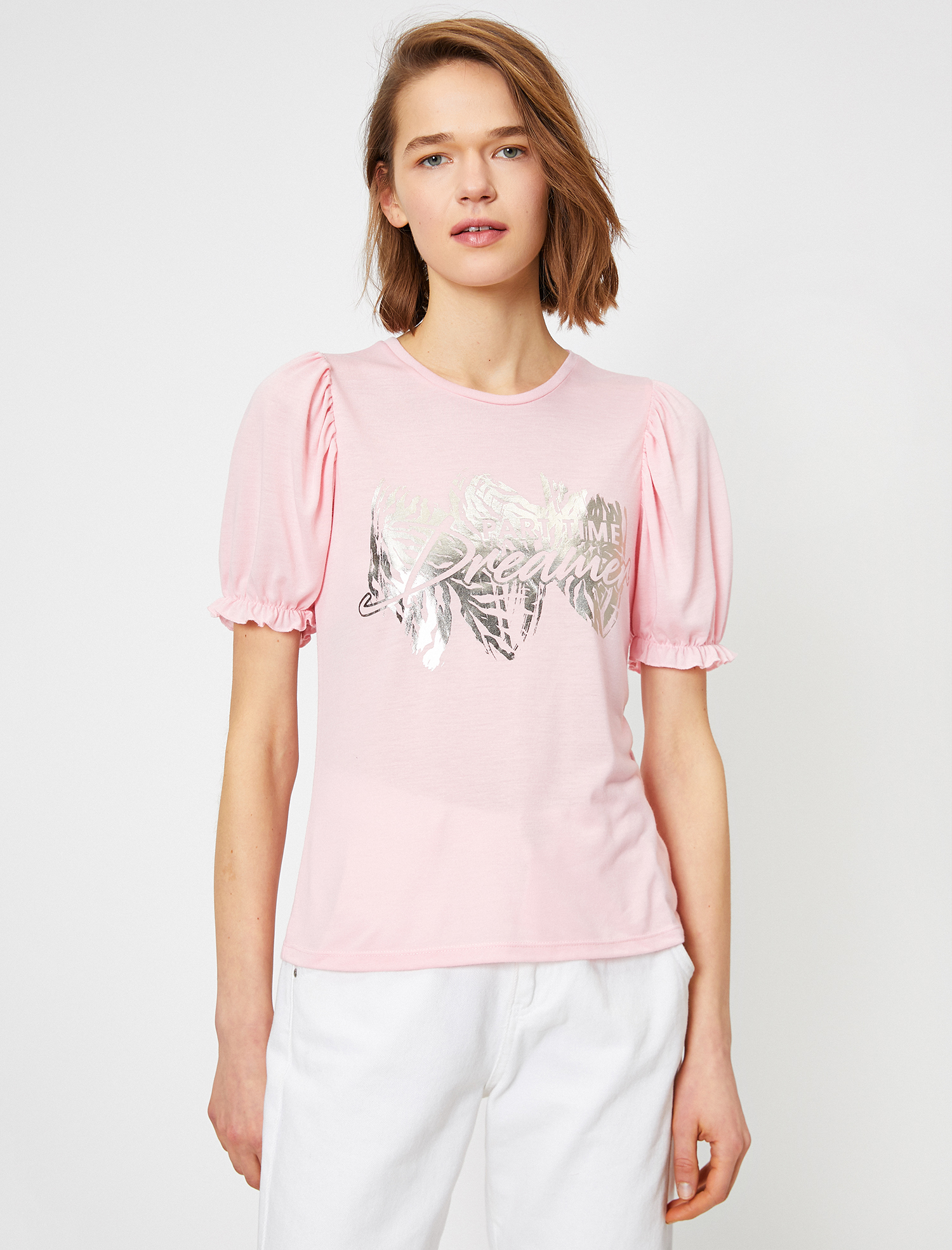   Balon Kollu Varak Baskı Detaylı Bisiklet Yaka Tişört