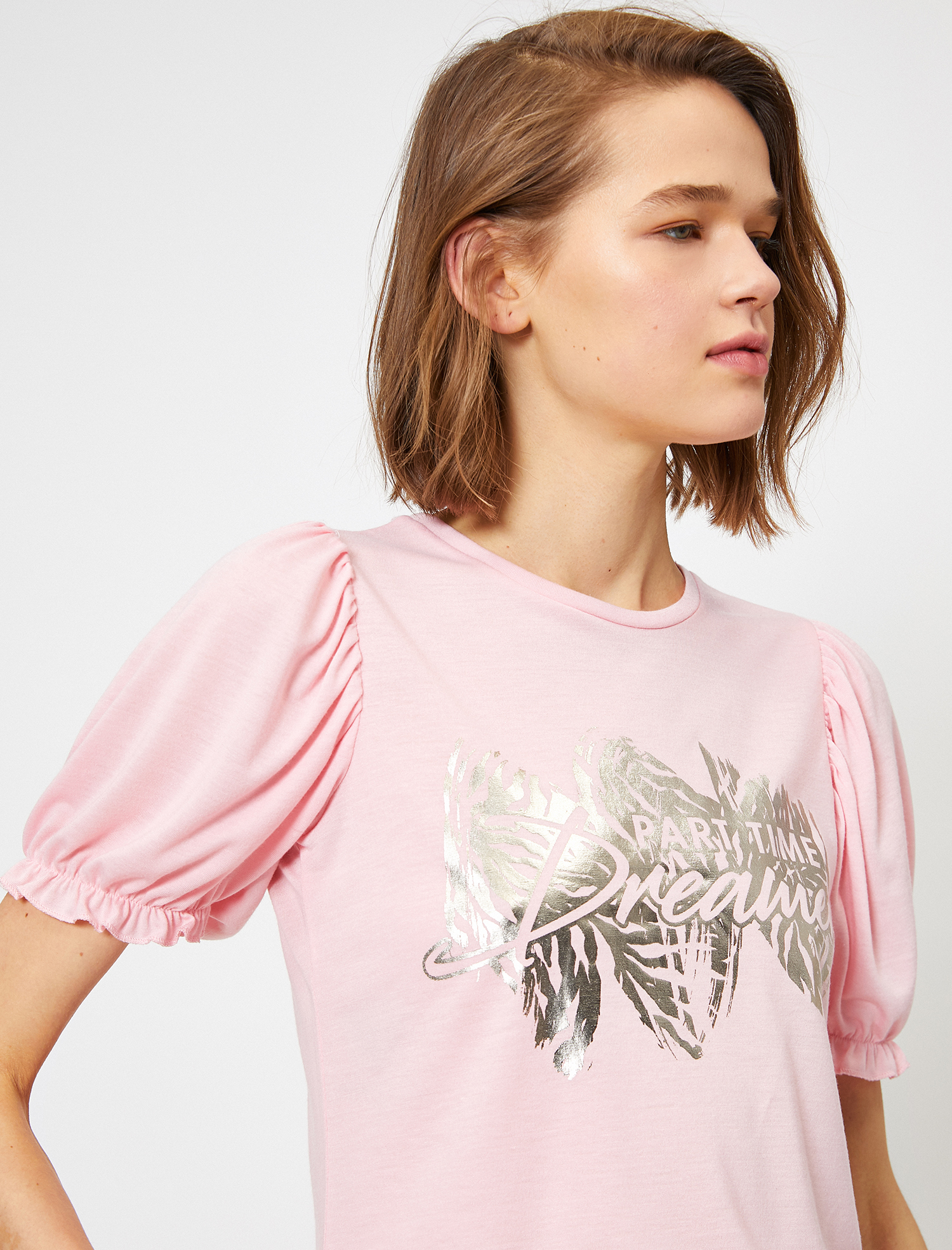   Balon Kollu Varak Baskı Detaylı Bisiklet Yaka Tişört