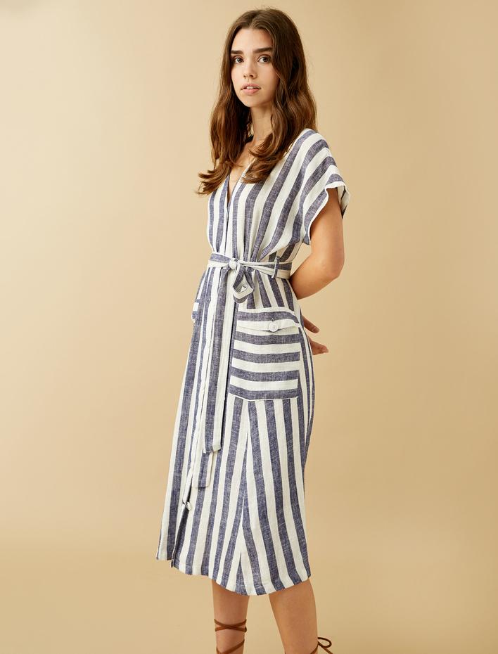  Beli Bağlamalı Elbise Keten Karışımlı