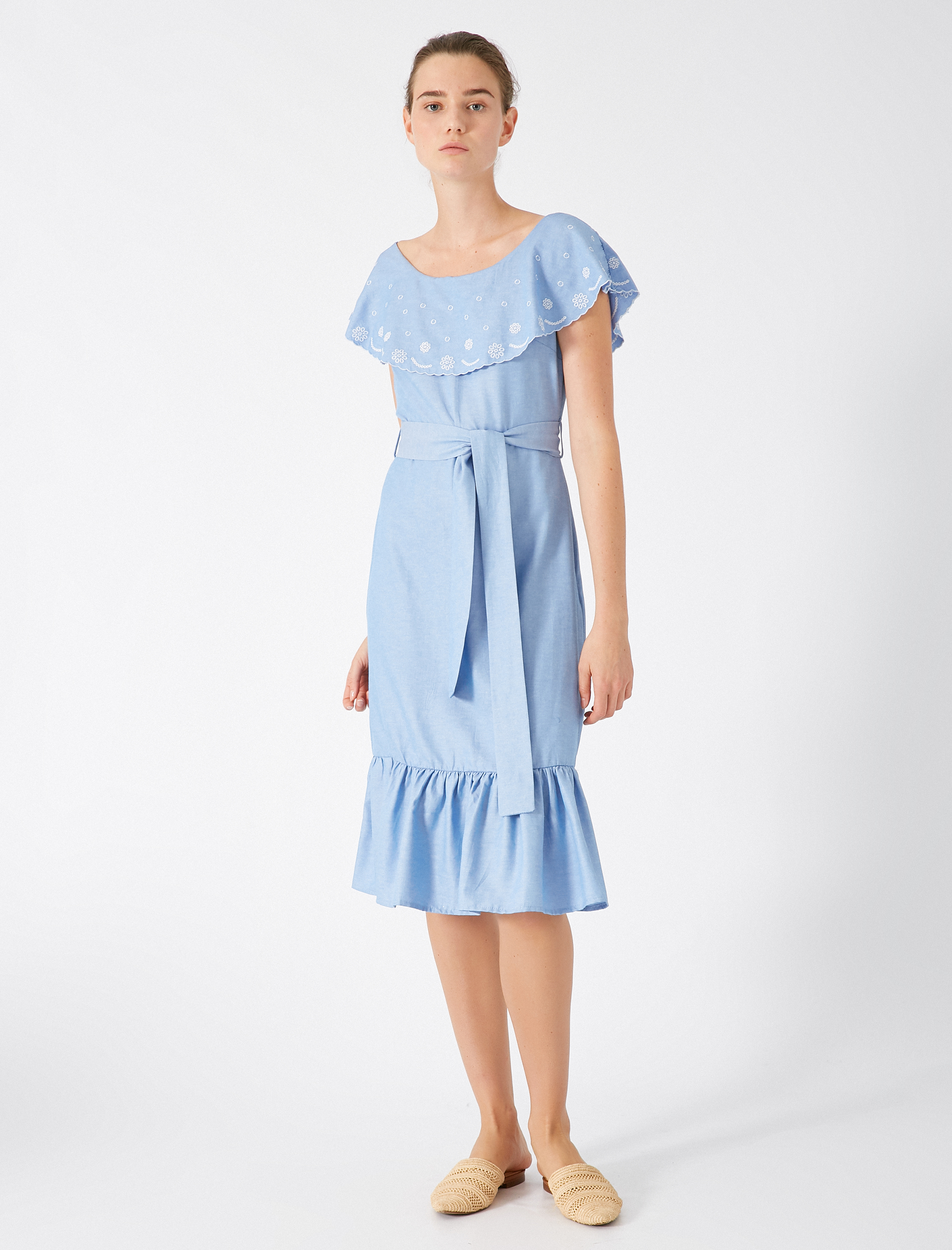 Poplin Elbise Kısa Kollu İşlemeli Kemerli