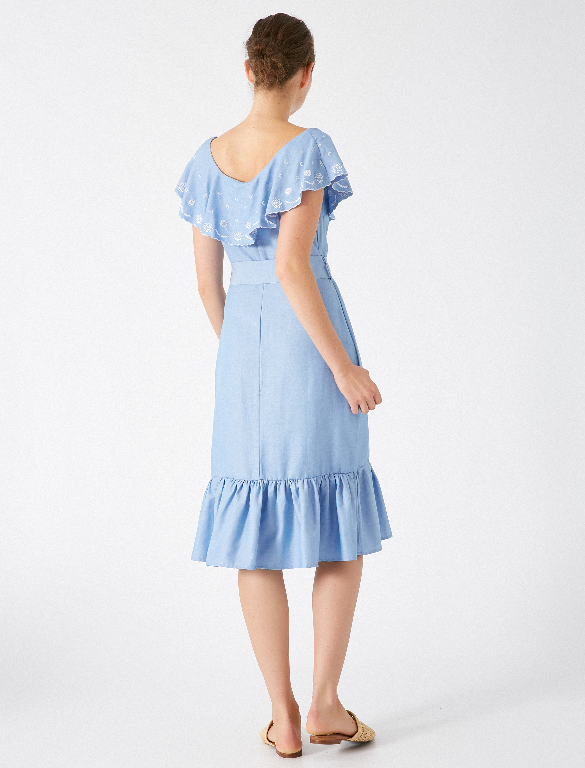 Poplin Elbise Kısa Kollu İşlemeli Kemerli