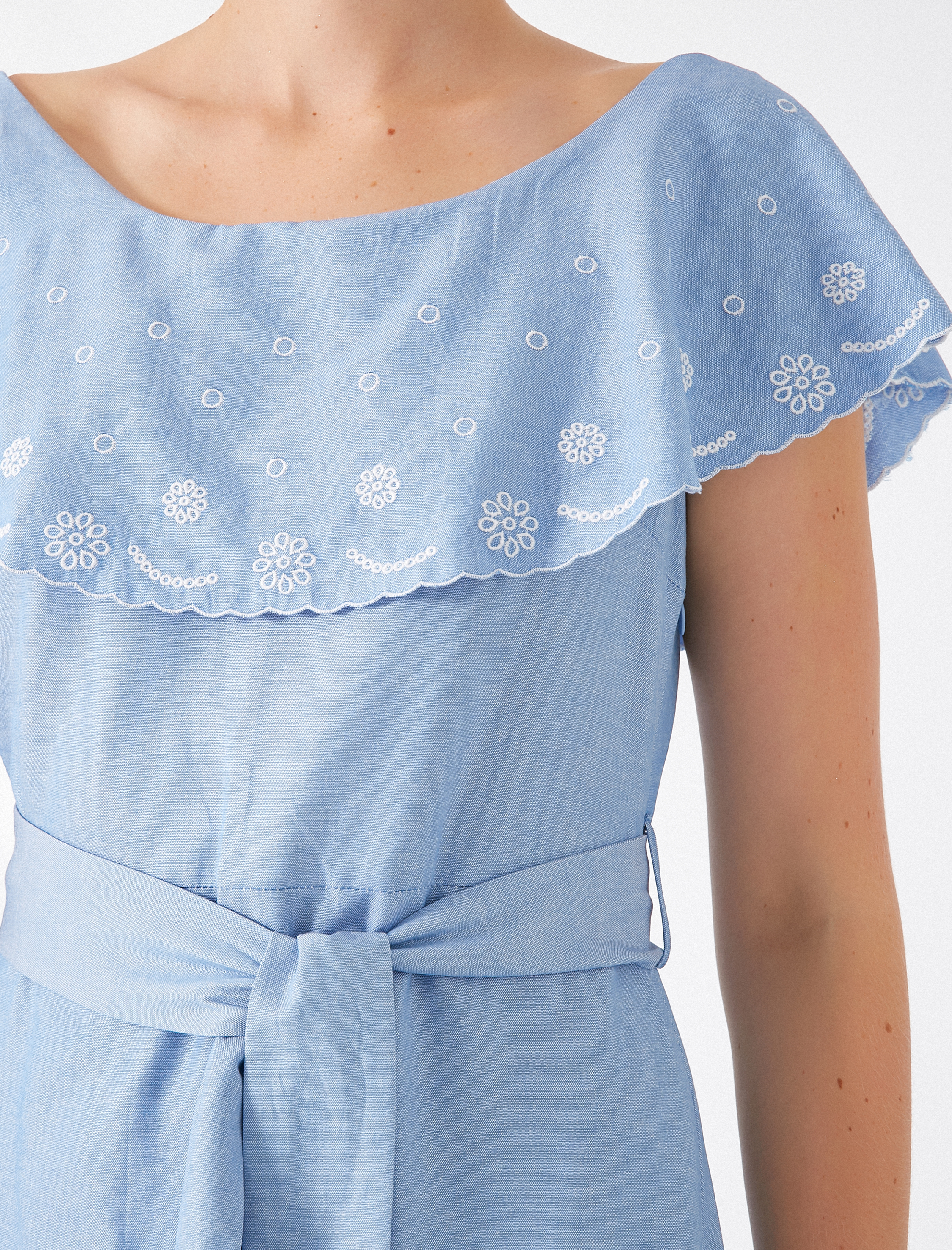 Poplin Elbise Kısa Kollu İşlemeli Kemerli