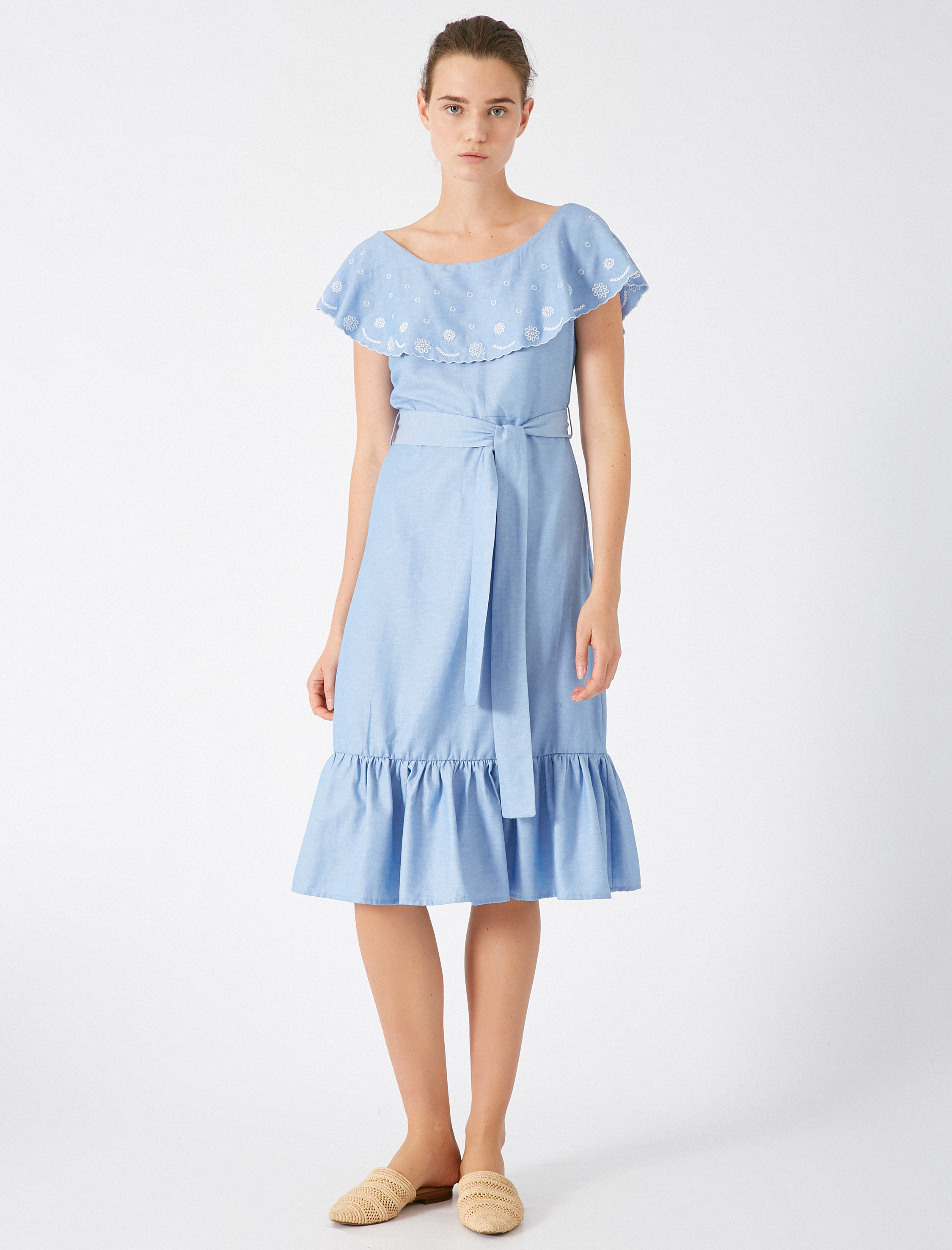 Poplin Elbise Kısa Kollu İşlemeli Kemerli