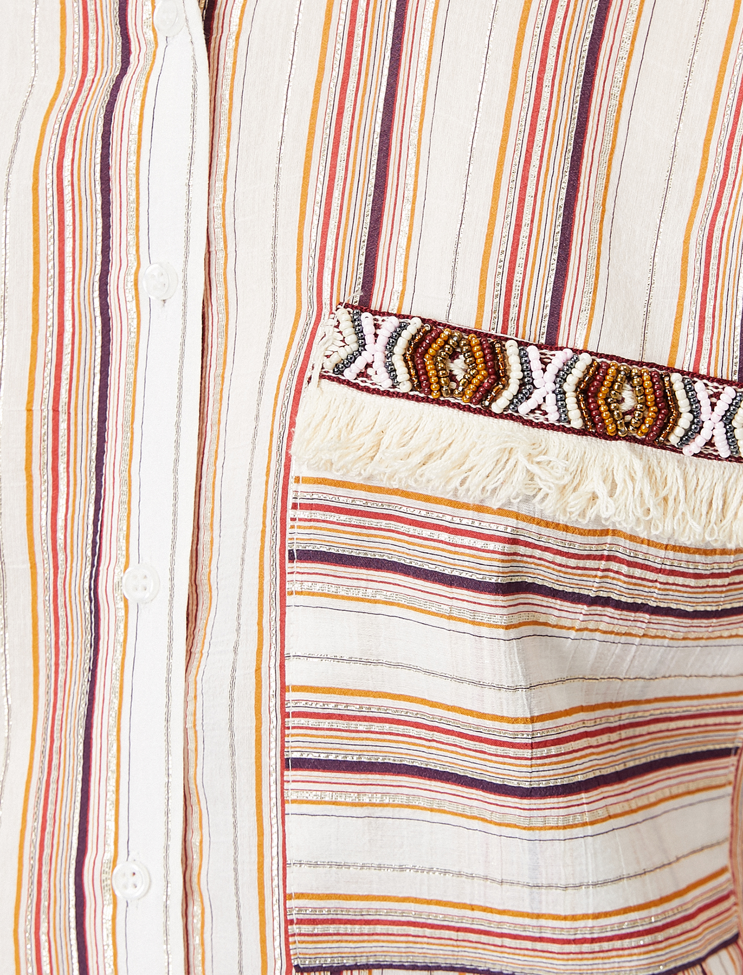   Cep Detaylı Simli Çizgili Boncuk İşlemeli Gömlek