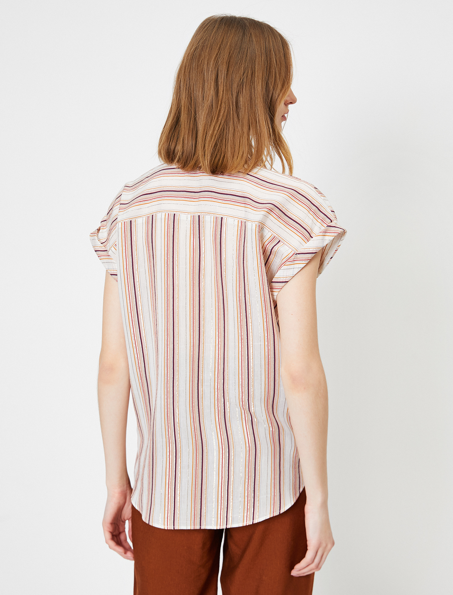   Cep Detaylı Simli Çizgili Boncuk İşlemeli Gömlek