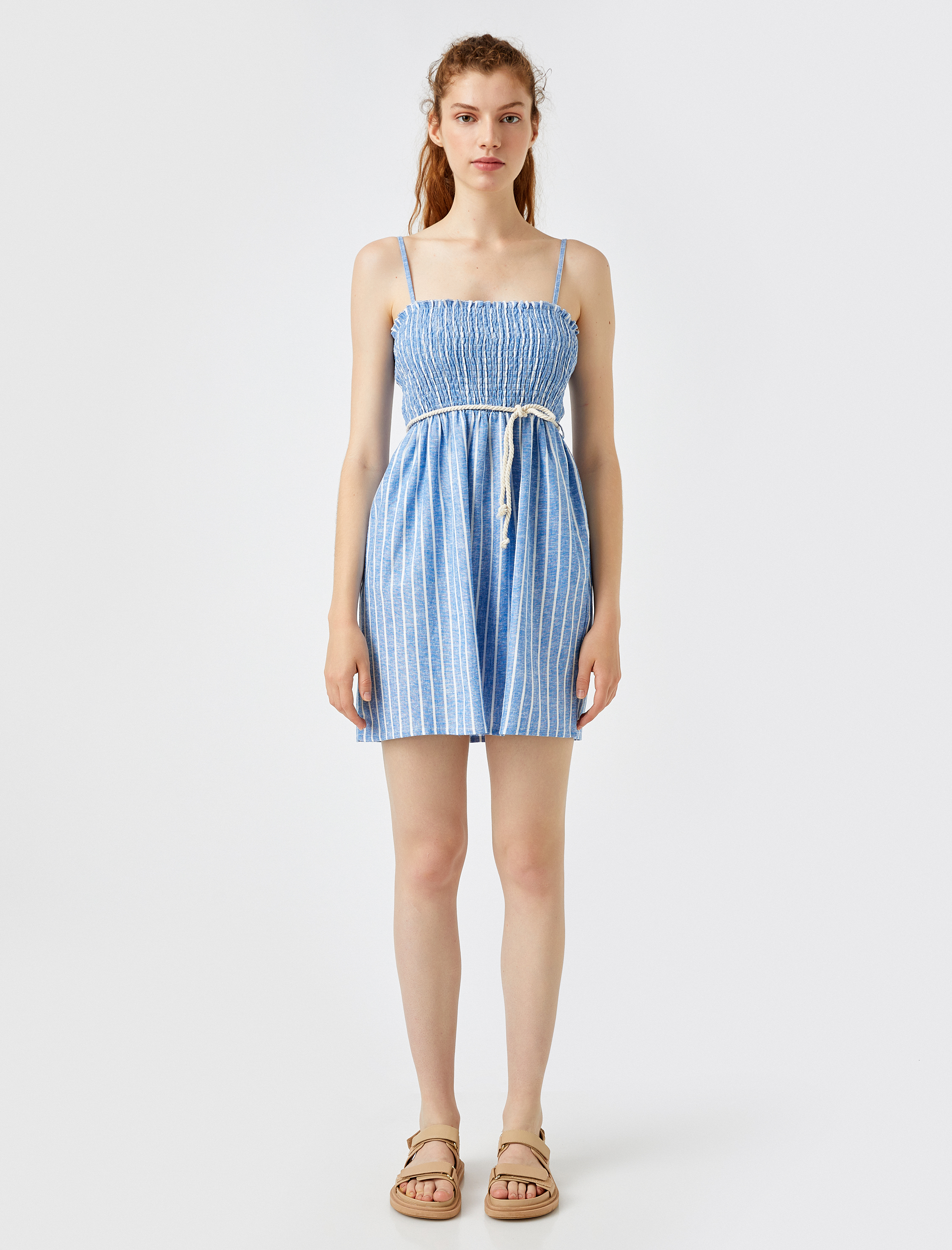   Keten Elbise Çizgili Kemerli