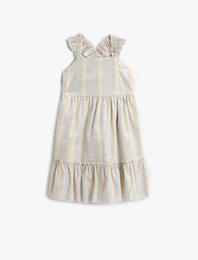 Elbise Çizgili Maksi Fırfırlı Askılı Pamuklu Astarlı