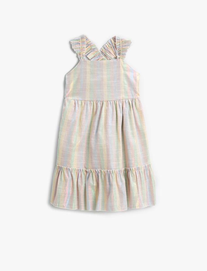 Kız Çocuk Elbise Çizgili Maksi Fırfırlı Askılı Pamuklu Astarlı