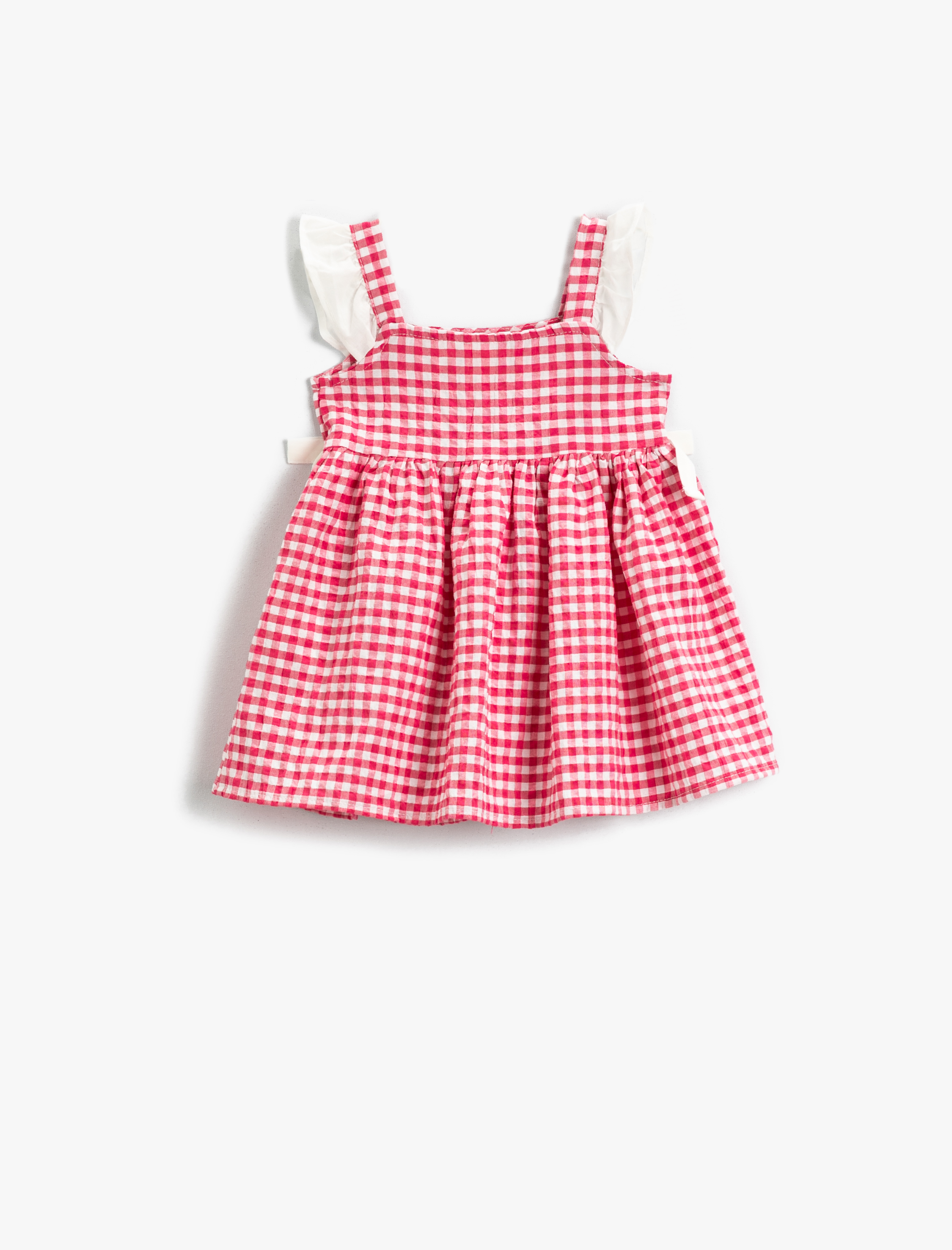  Kız Bebek Elbise Fırfırlı Askılı Ekoseli Pamuklu