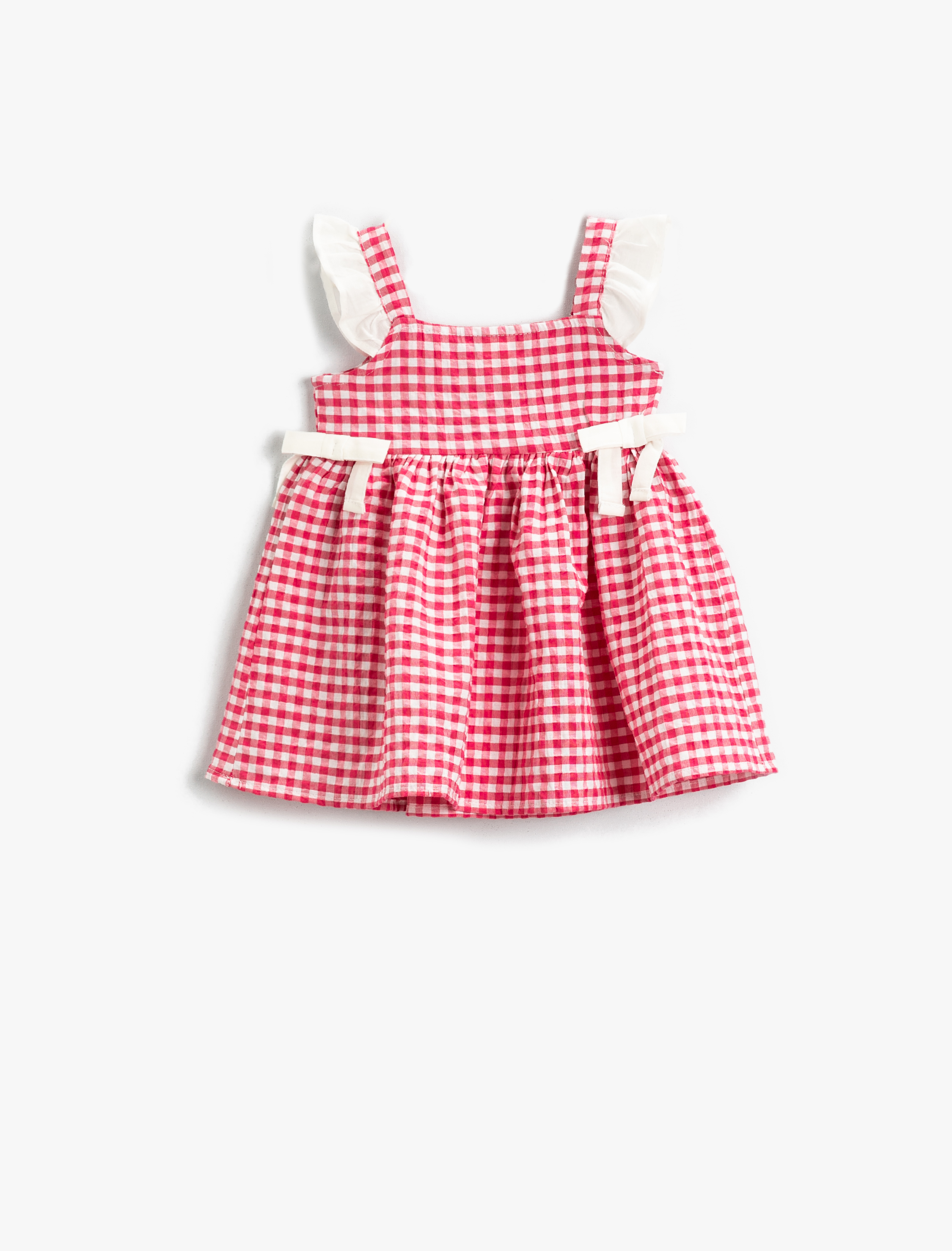  Kız Bebek Elbise Fırfırlı Askılı Ekoseli Pamuklu