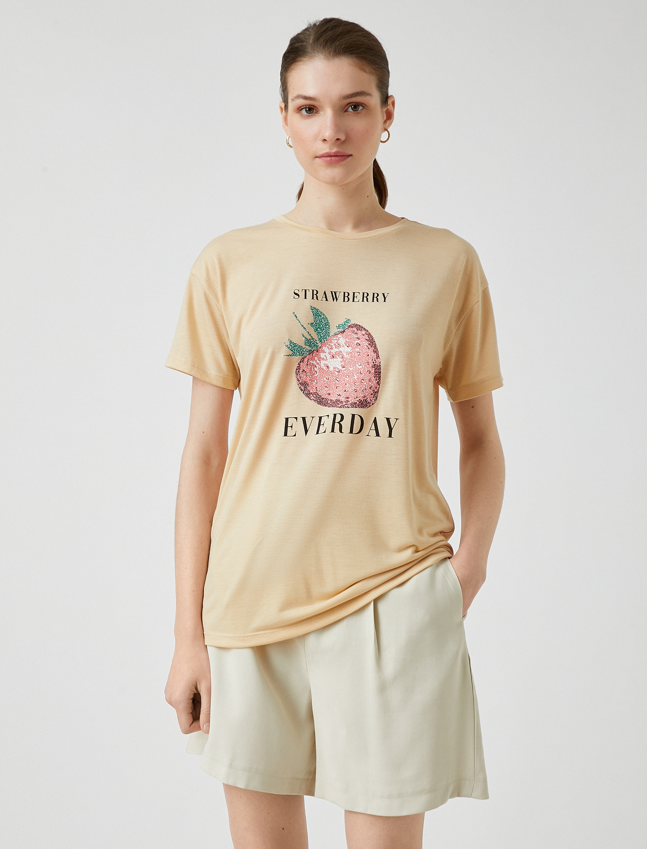   Çilek Baskılı Tişört Kısa Kollu Bisiklet Yaka