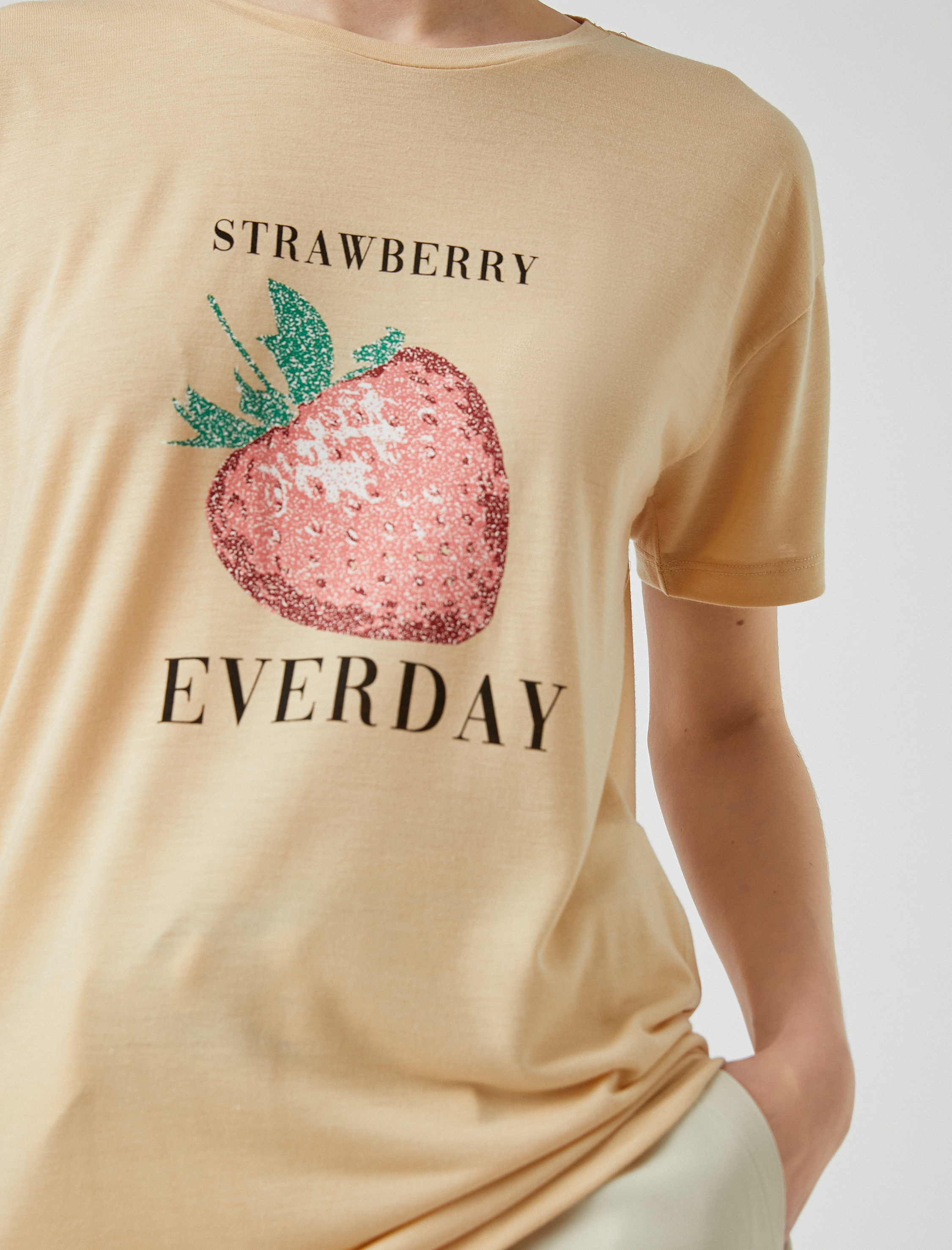   Çilek Baskılı Tişört Kısa Kollu Bisiklet Yaka