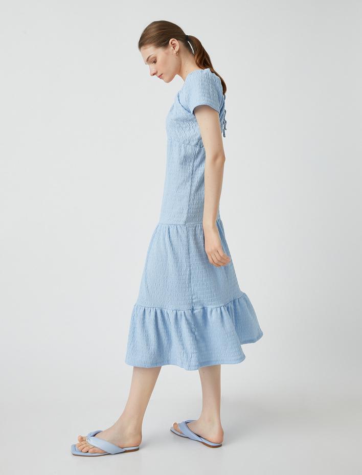  Uzun Elbise Volanlı Kısa Kollu V Yaka