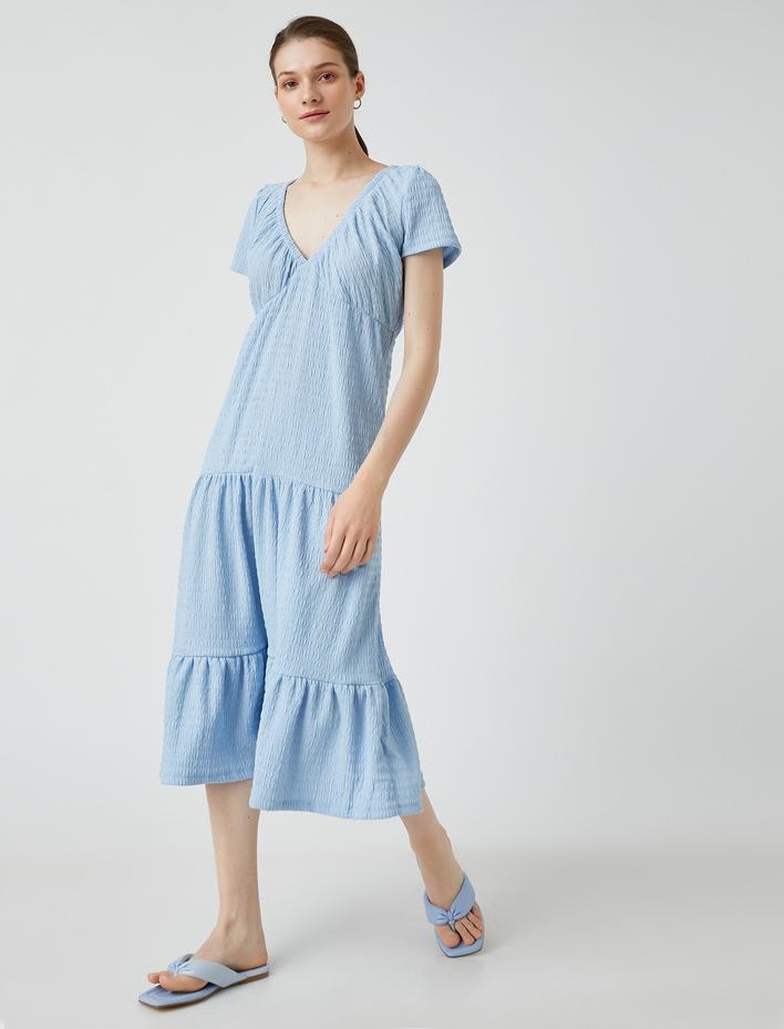  Uzun Elbise Volanlı Kısa Kollu V Yaka