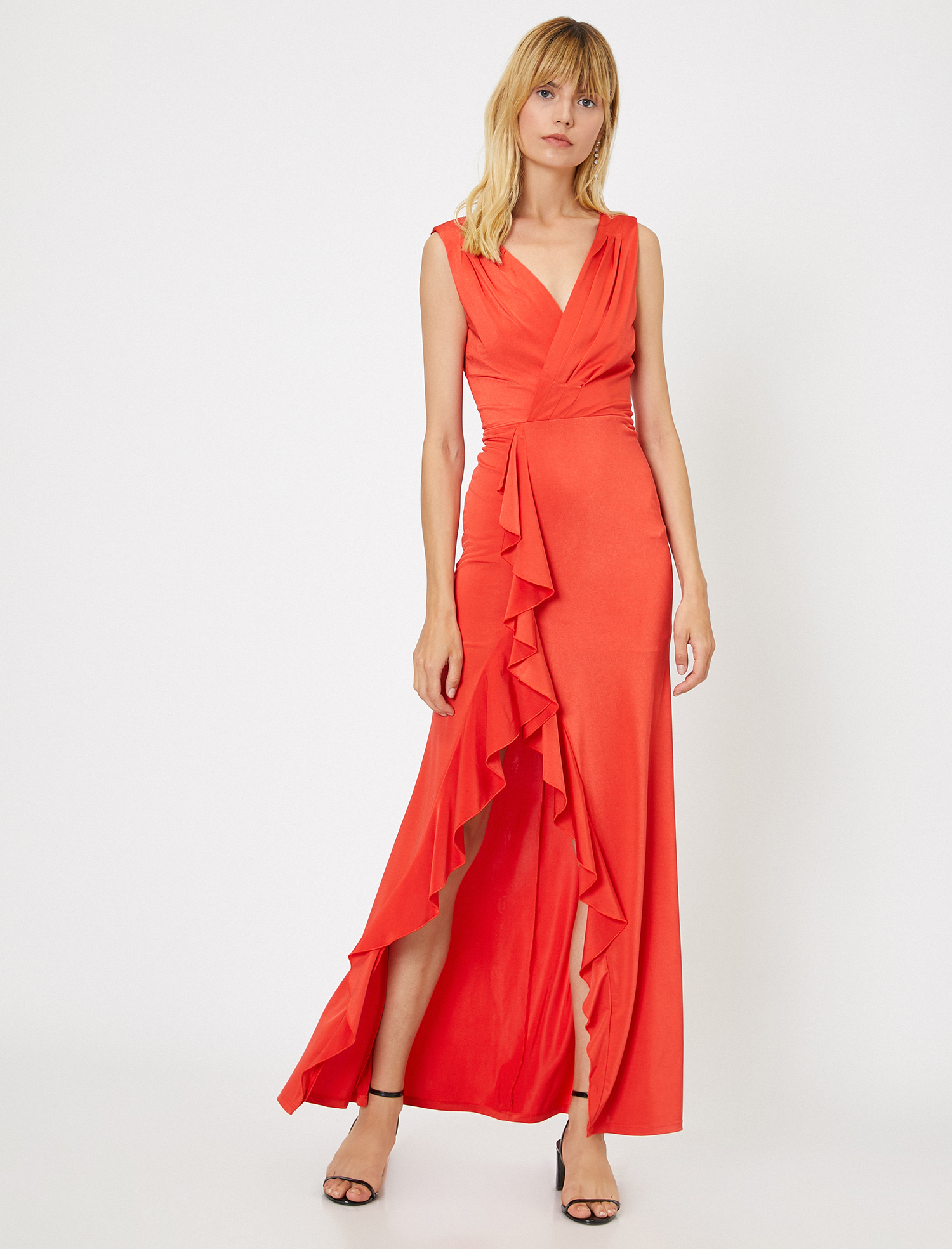   Fırfır ve Yırtmaç Detaylı Abiye Elbise Anvelop Kolsuz Uzun Abiye