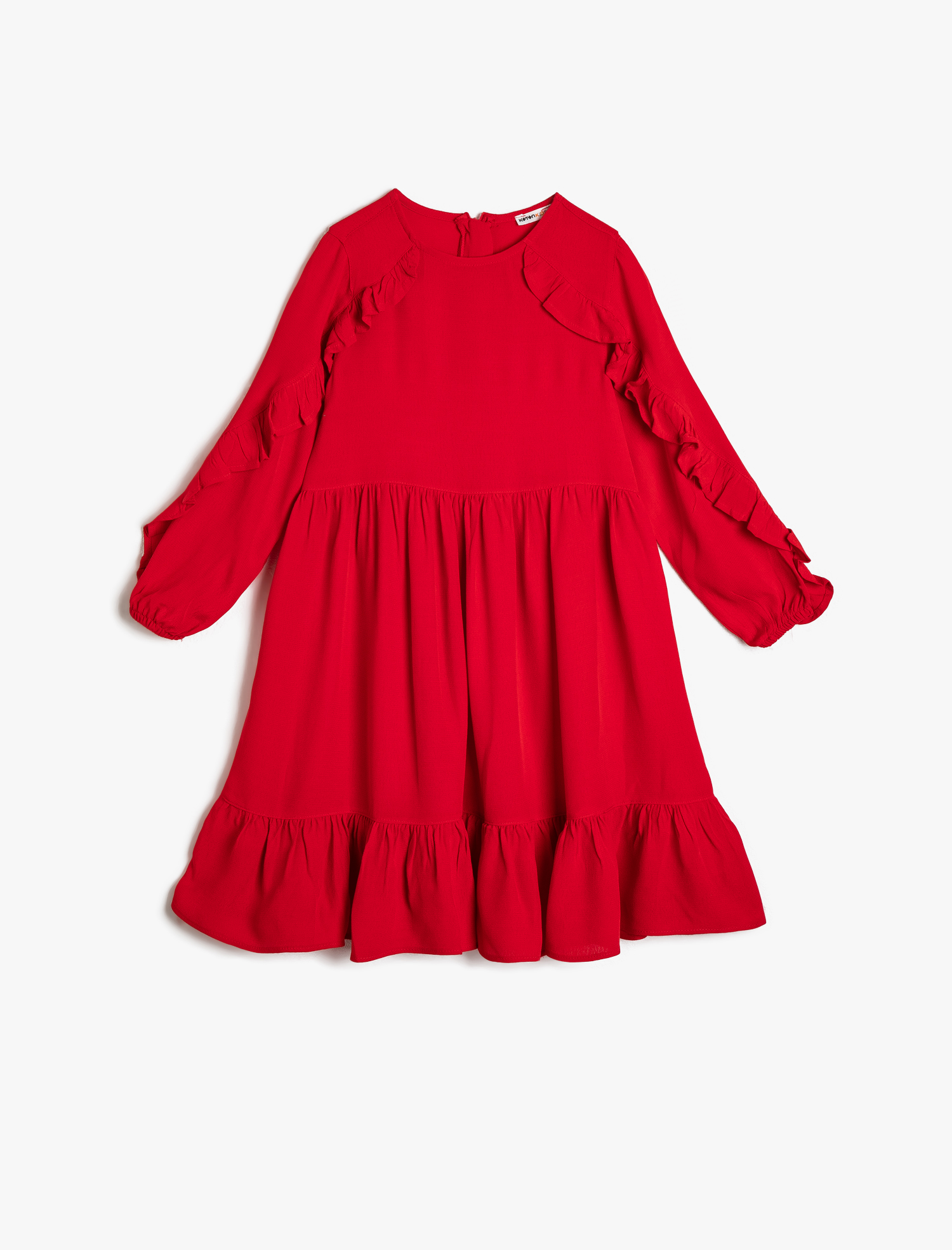  Kız Çocuk İnce Dökümlü Kumaştan Kolu Hacimli Fırfırlı Orta Boy Elbise