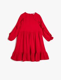 İnce Dökümlü Kumaştan Kolu Hacimli Fırfırlı Orta Boy Elbise