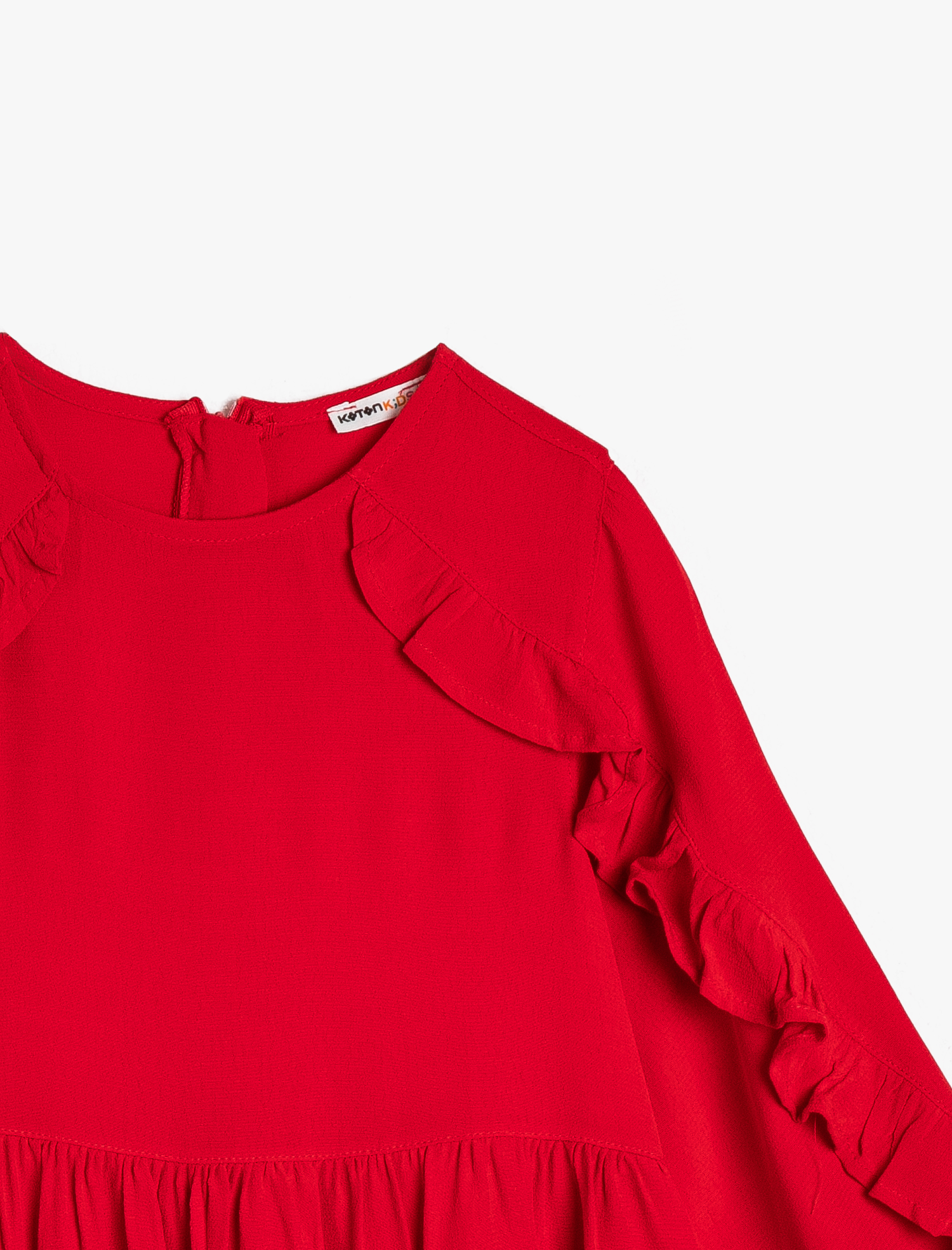  Kız Çocuk İnce Dökümlü Kumaştan Kolu Hacimli Fırfırlı Orta Boy Elbise