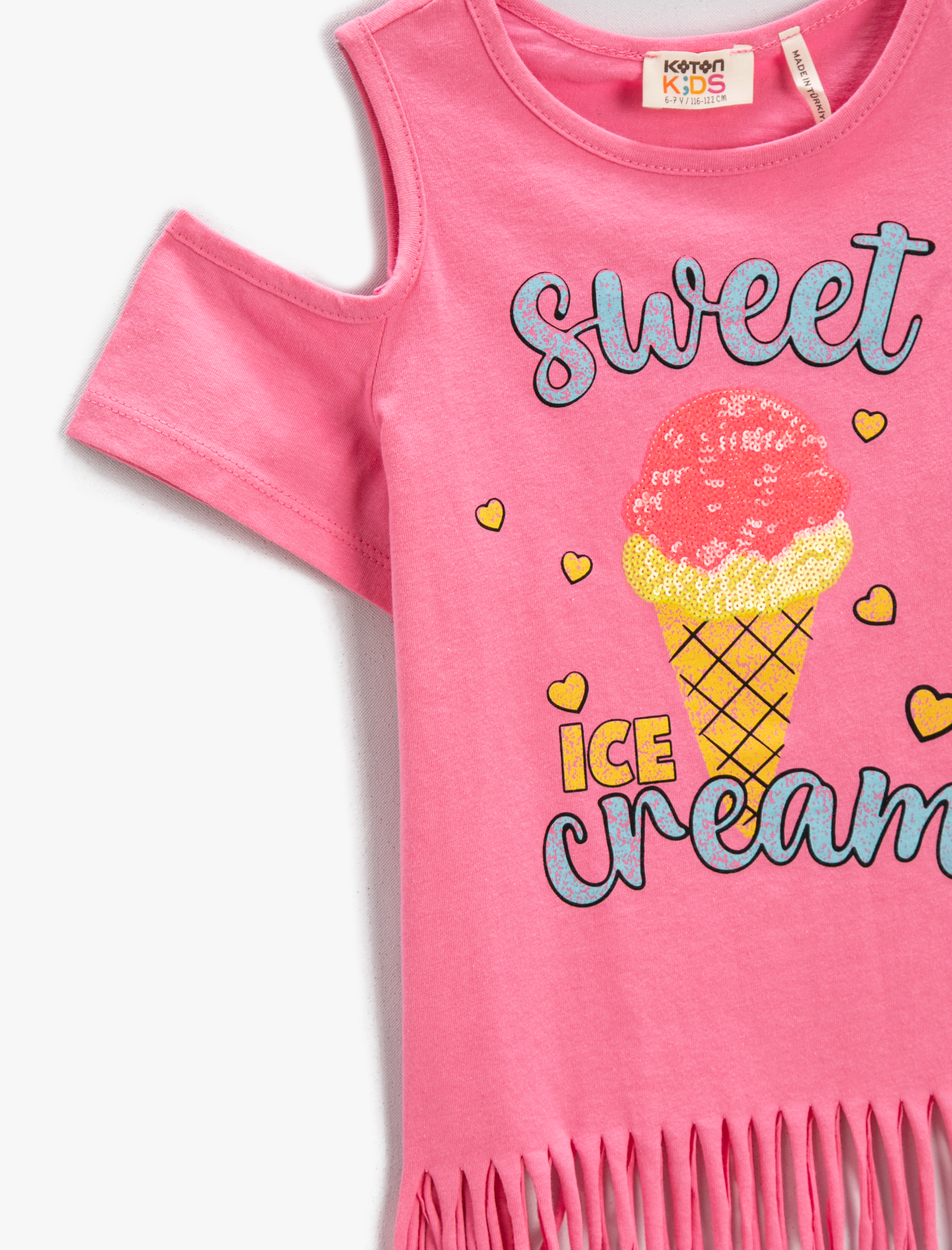  Kız Çocuk Püsküllü Baskılı Tişört Pencere Detaylı Kısa Kollu Pamuklu