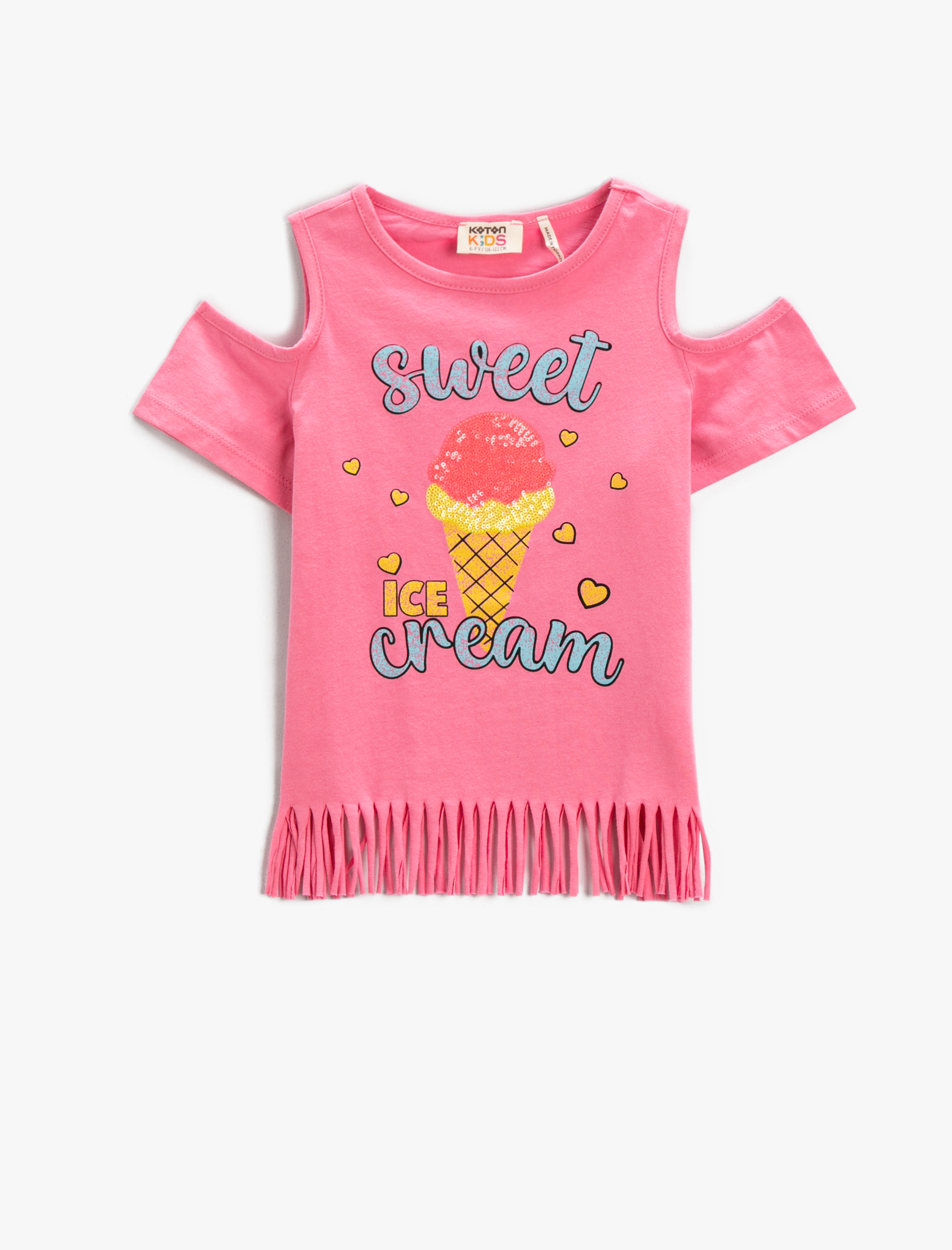  Kız Çocuk Püsküllü Baskılı Tişört Pencere Detaylı Kısa Kollu Pamuklu