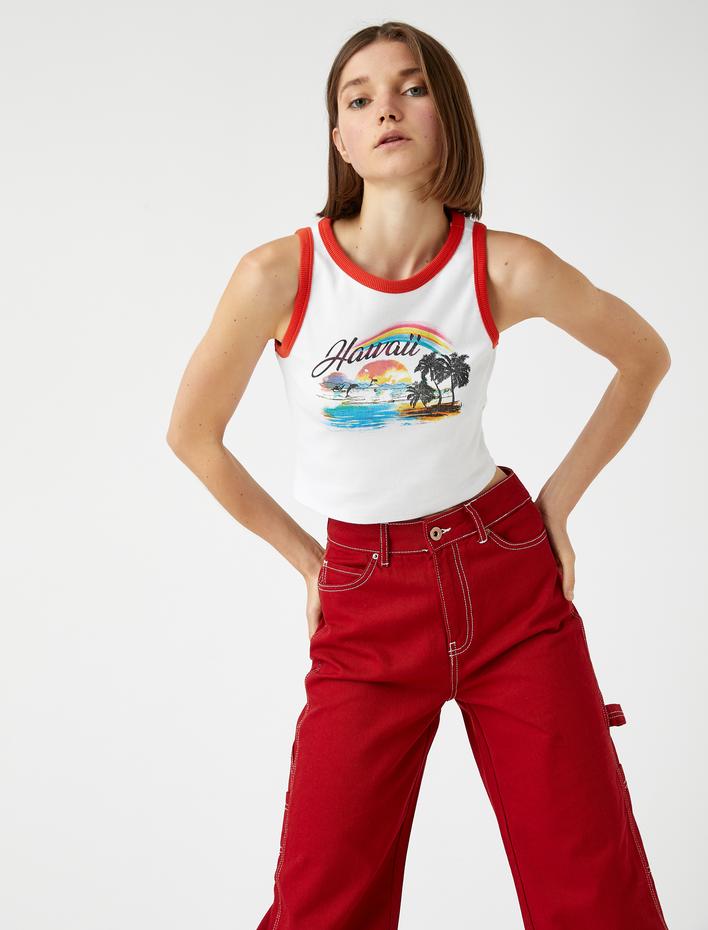  Crop Atlet Baskılı Bisiklet Yaka