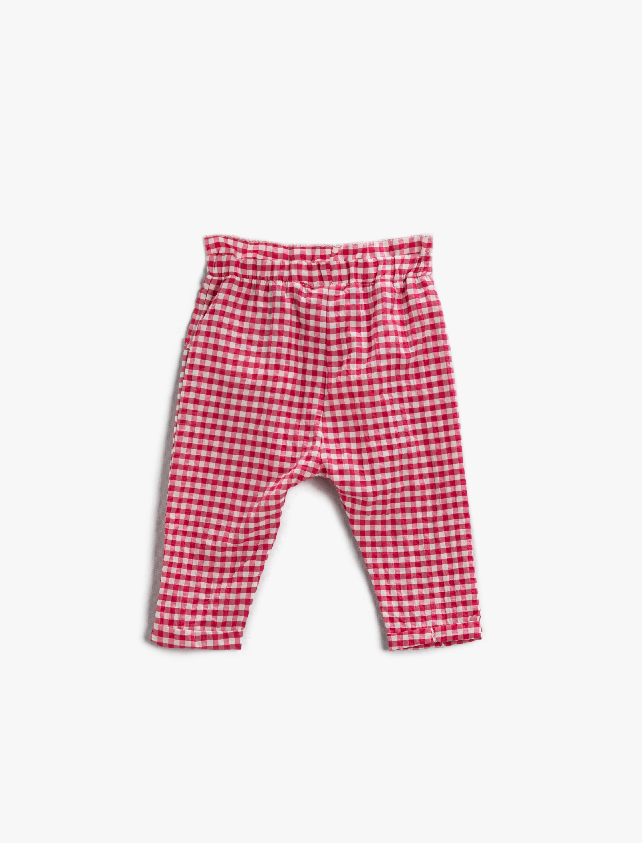  Kız Bebek Havuç Pantolon Kareli Beli Lastikli Fiyonk Detaylı Cepli