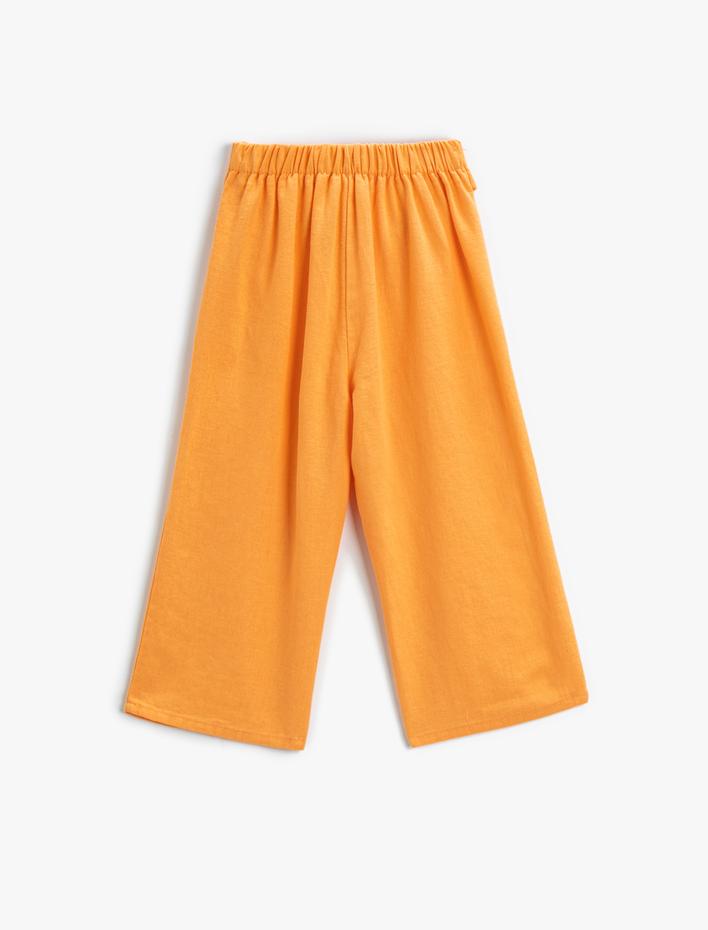 Kız Çocuk Keten Bol Paça Pantolon Kemer Detaylı Yüksek Bel