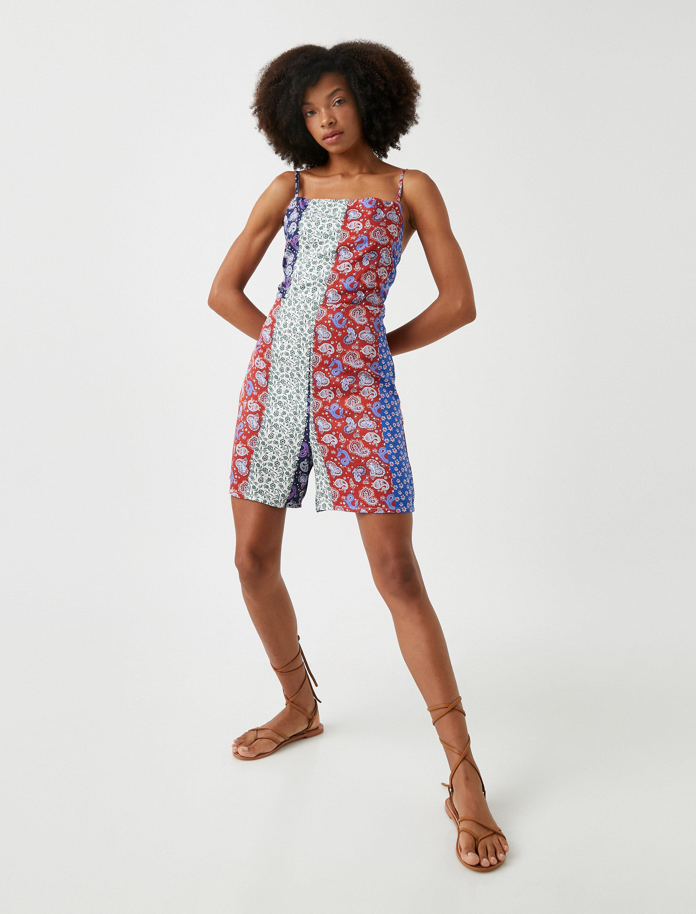 Şort Tulum Patchwork İnce Askılı