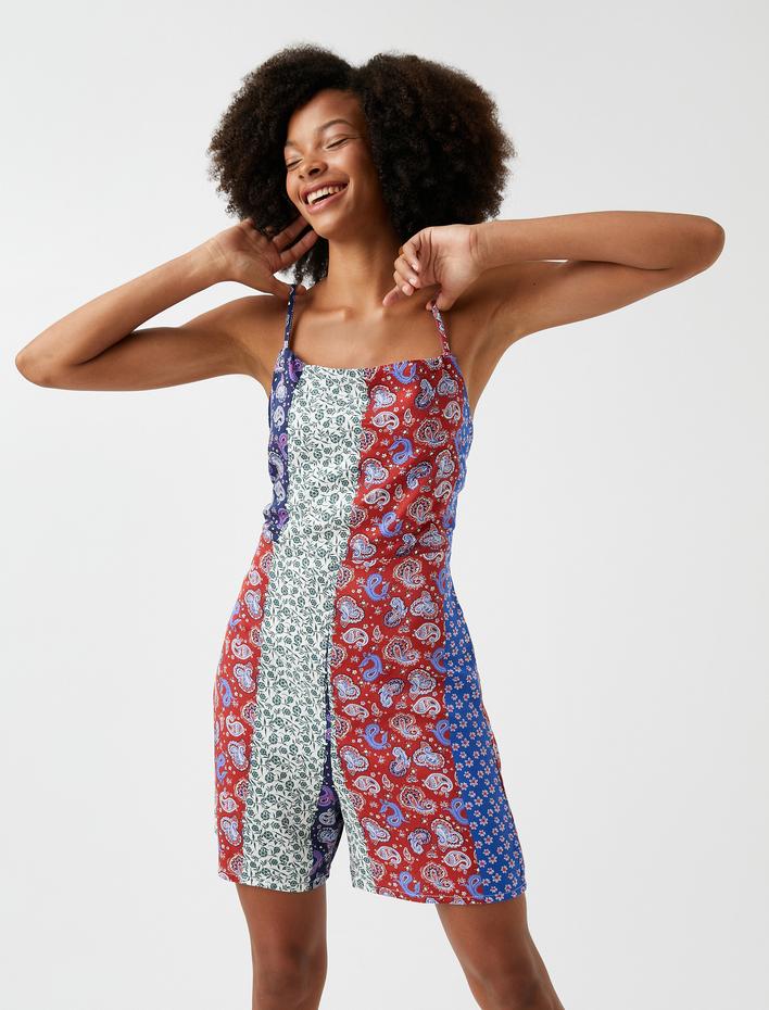  Şort Tulum Patchwork İnce Askılı