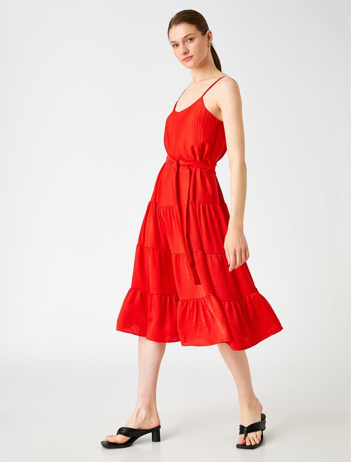  Askılı Midi Elbise Fırfırlı Kuşaklı Saten Görünümlü