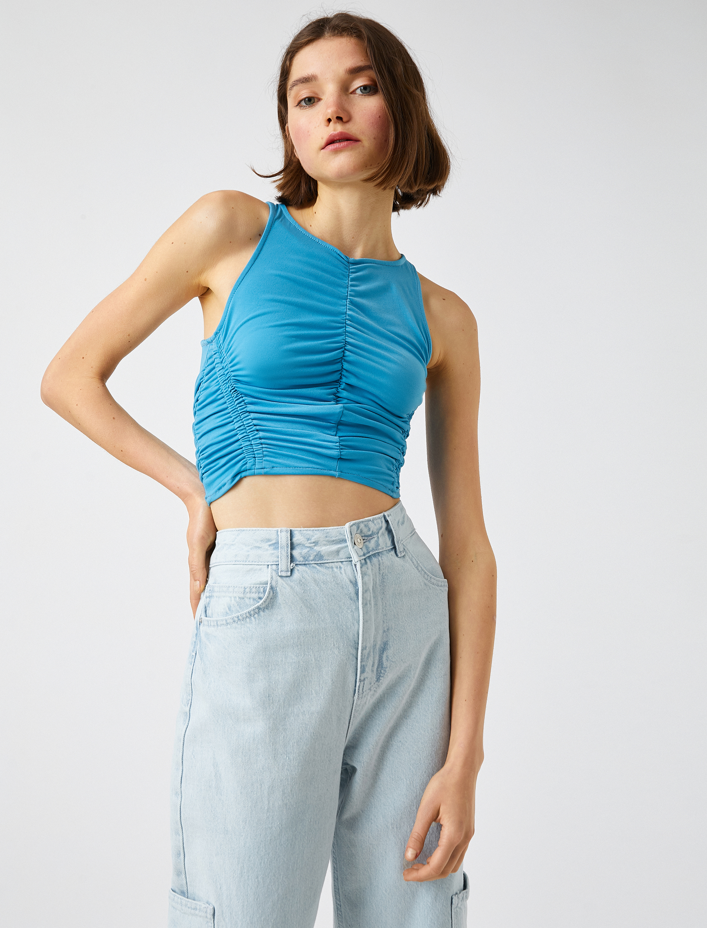   Halter Yaka Crop Üst Büzgülü