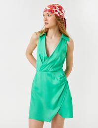 Mini Elbise V Yaka Kolsuz Drape Detaylı